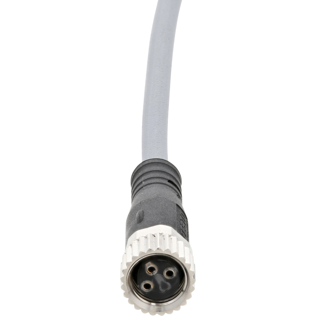 Grey connecting cable with molded female three pin plug. Cable is shown on white background.