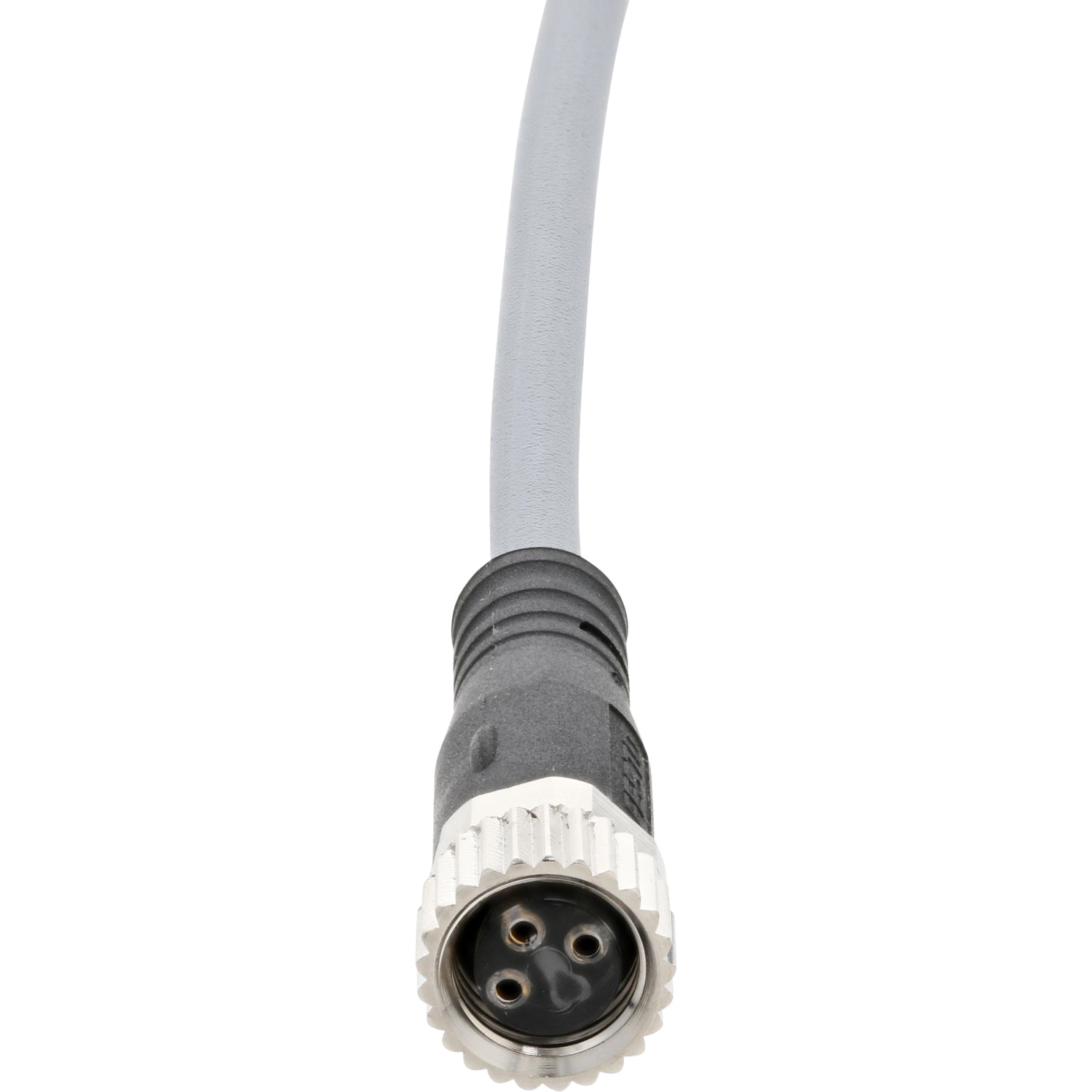 Grey connecting cable with molded female three pin plug. Cable is shown on white background.