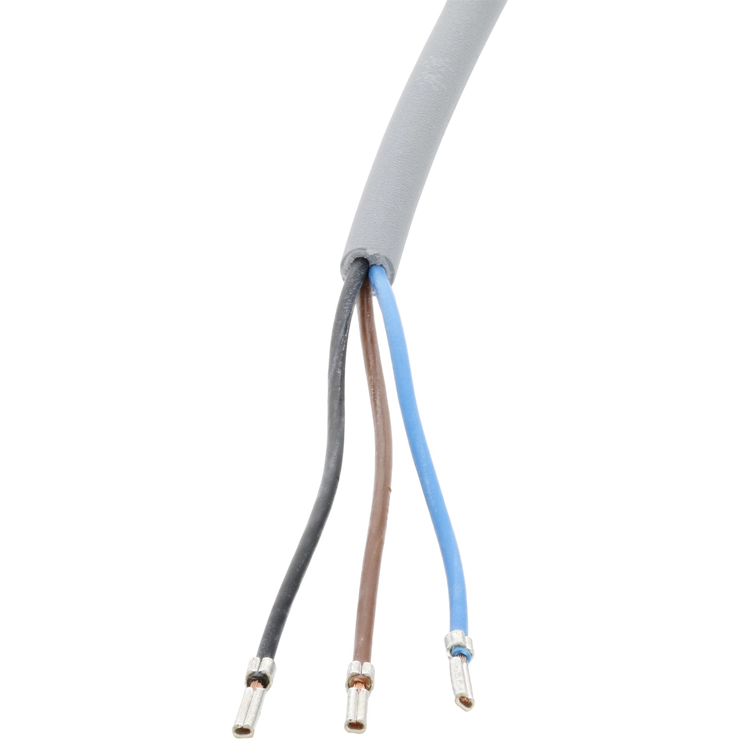 Grey connecting cable with exposed black, blue, and brown wires on white background.