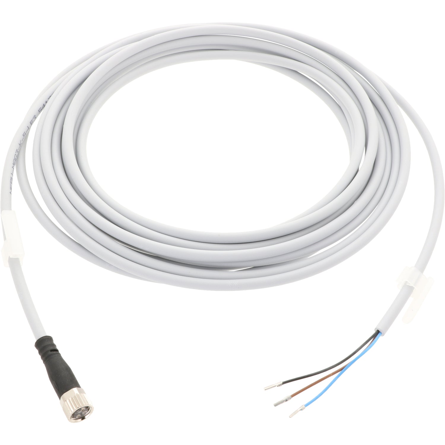 5 meter coiled grey connecting cable with molded female end and a blue, brown, and black wire on the other end. Cable is shown on white background.
