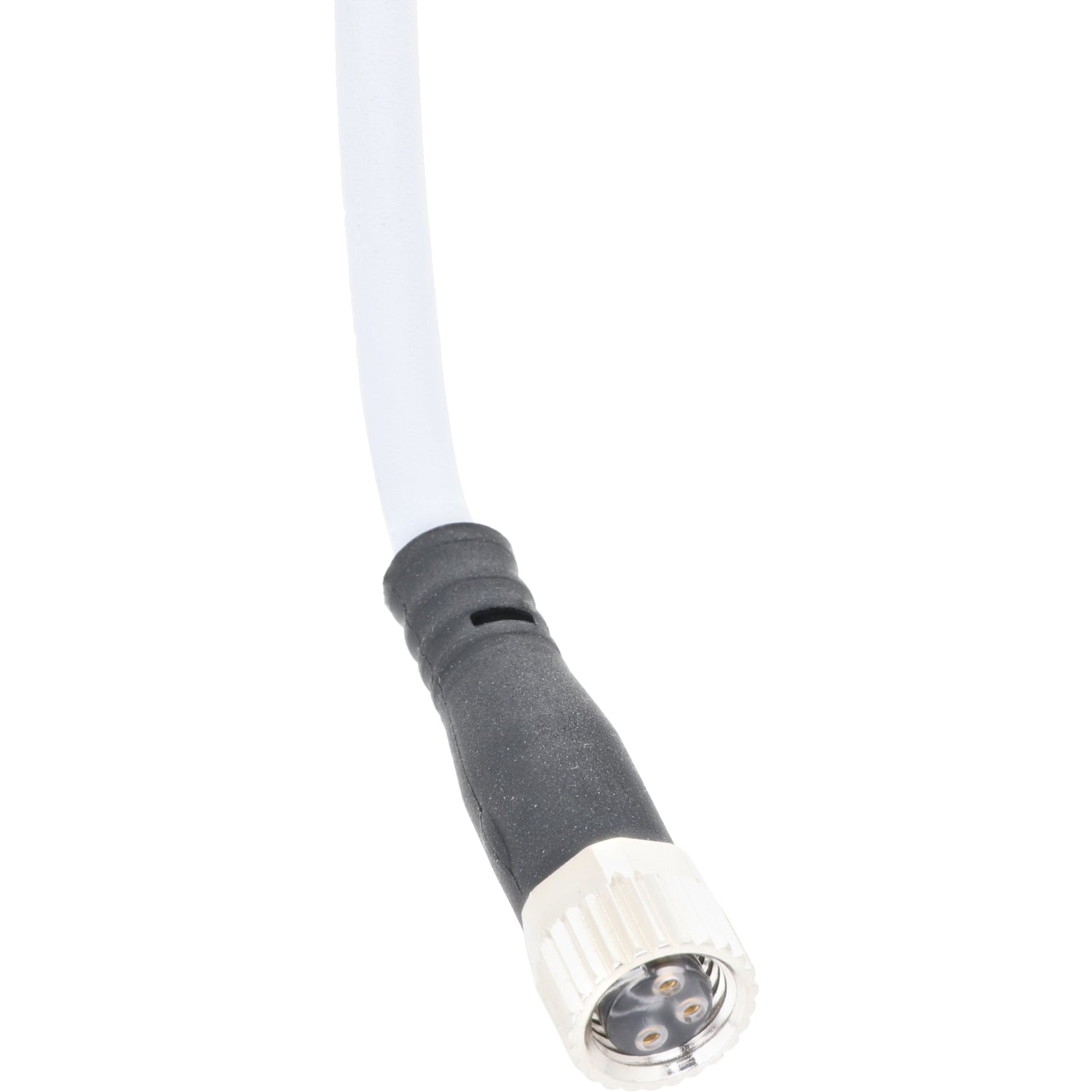 Grey connecting cable with molded female three pin plug. Cable is shown on white background.