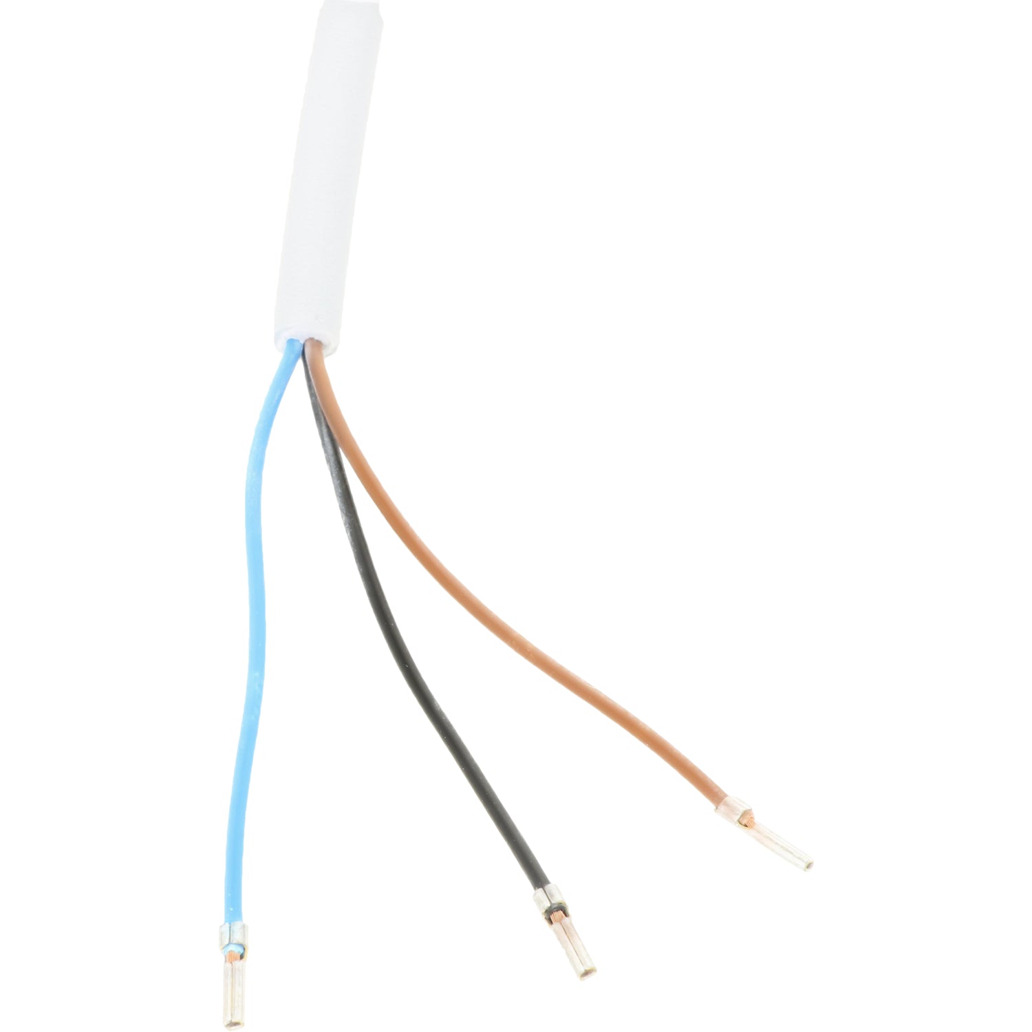 Grey connecting cable with exposed black, blue, and brown wires on white background.