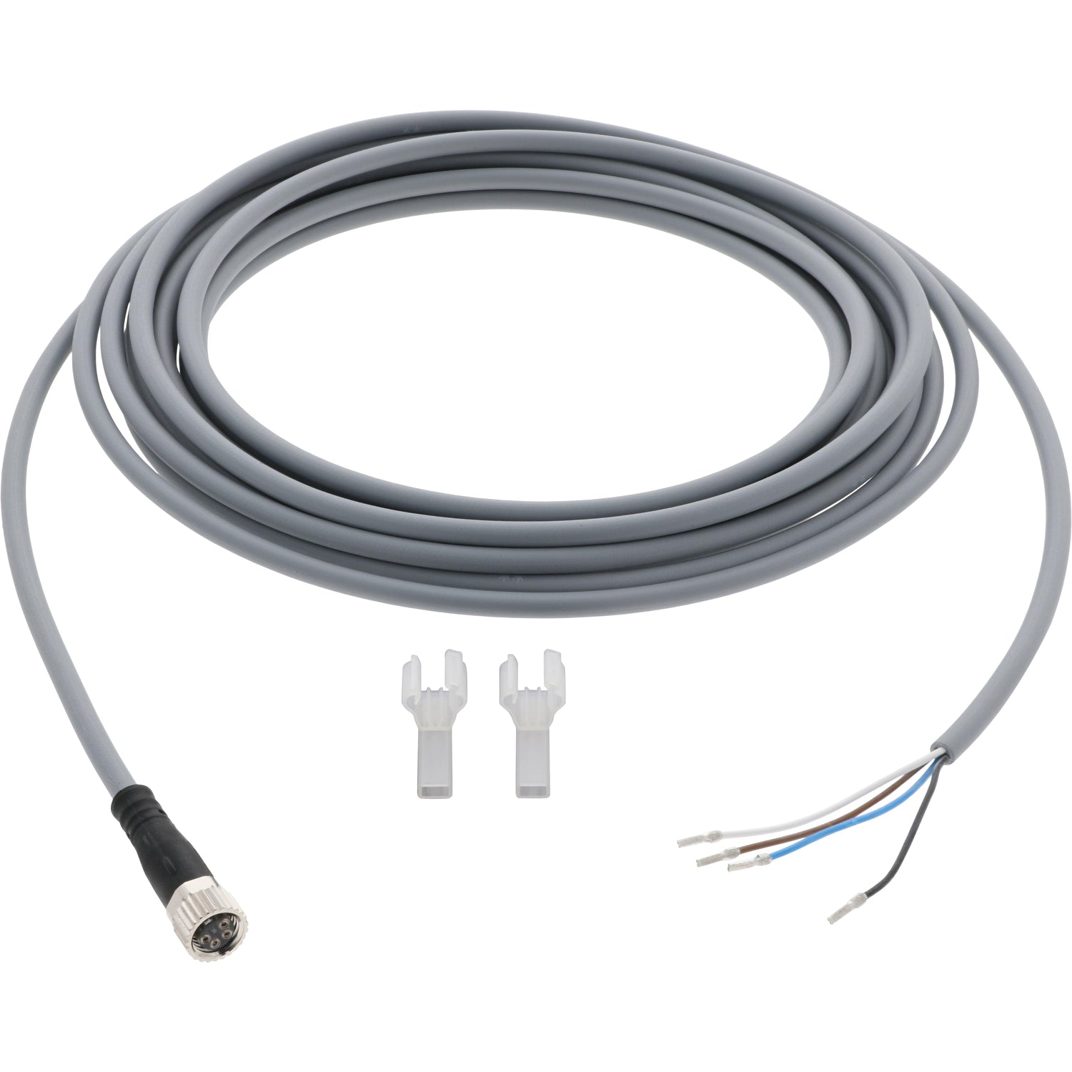 5 meter coiled grey connecting cable with molded female end and a blue, brown, black, and white wire on the other end. Cable is shown on white background. 