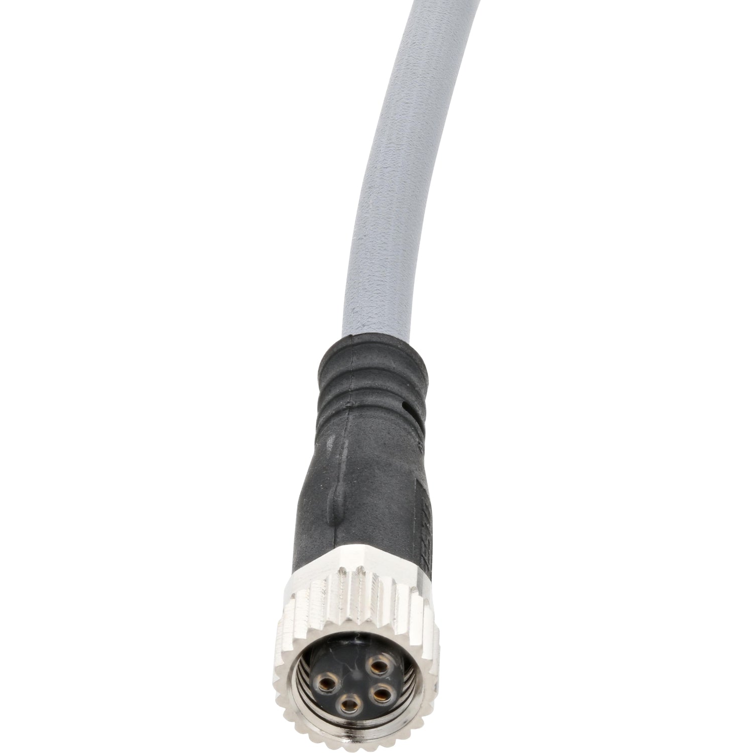 Grey connecting cable with molded female four pin plug. Cable is shown on white background. 