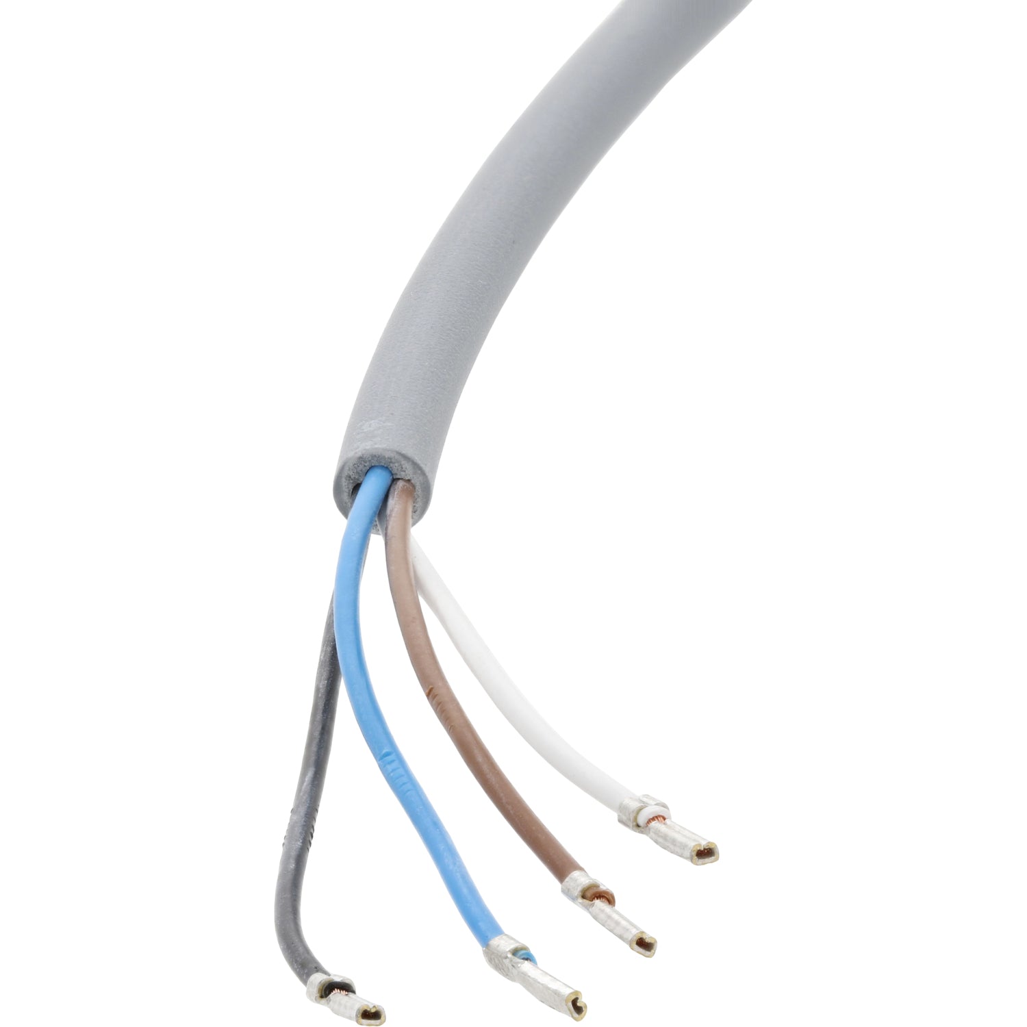 Grey connecting cable with exposed black, blue, brown and white wires on white background. 