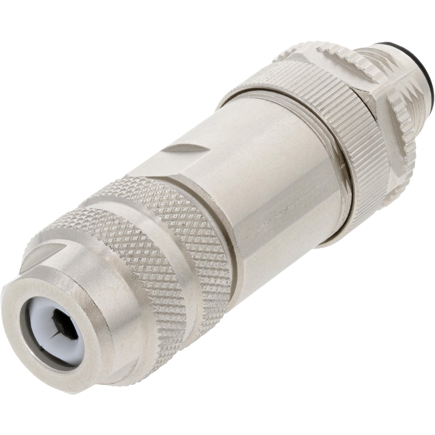 Nickel Plated quick connect/plug on white background. 