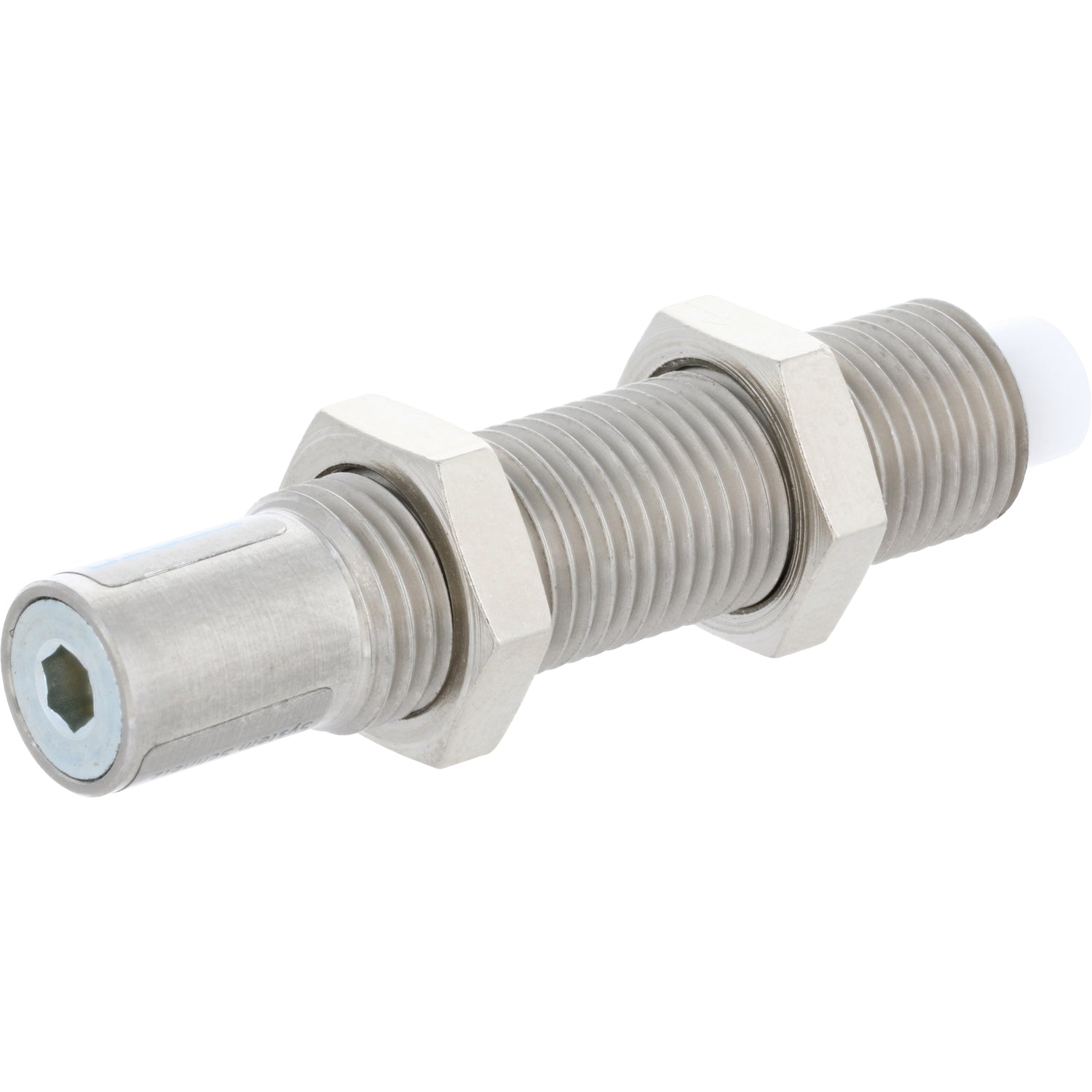 High-alloy steel shock absorber with white plastic tip and two hexagonal jam nuts shown on white background. 