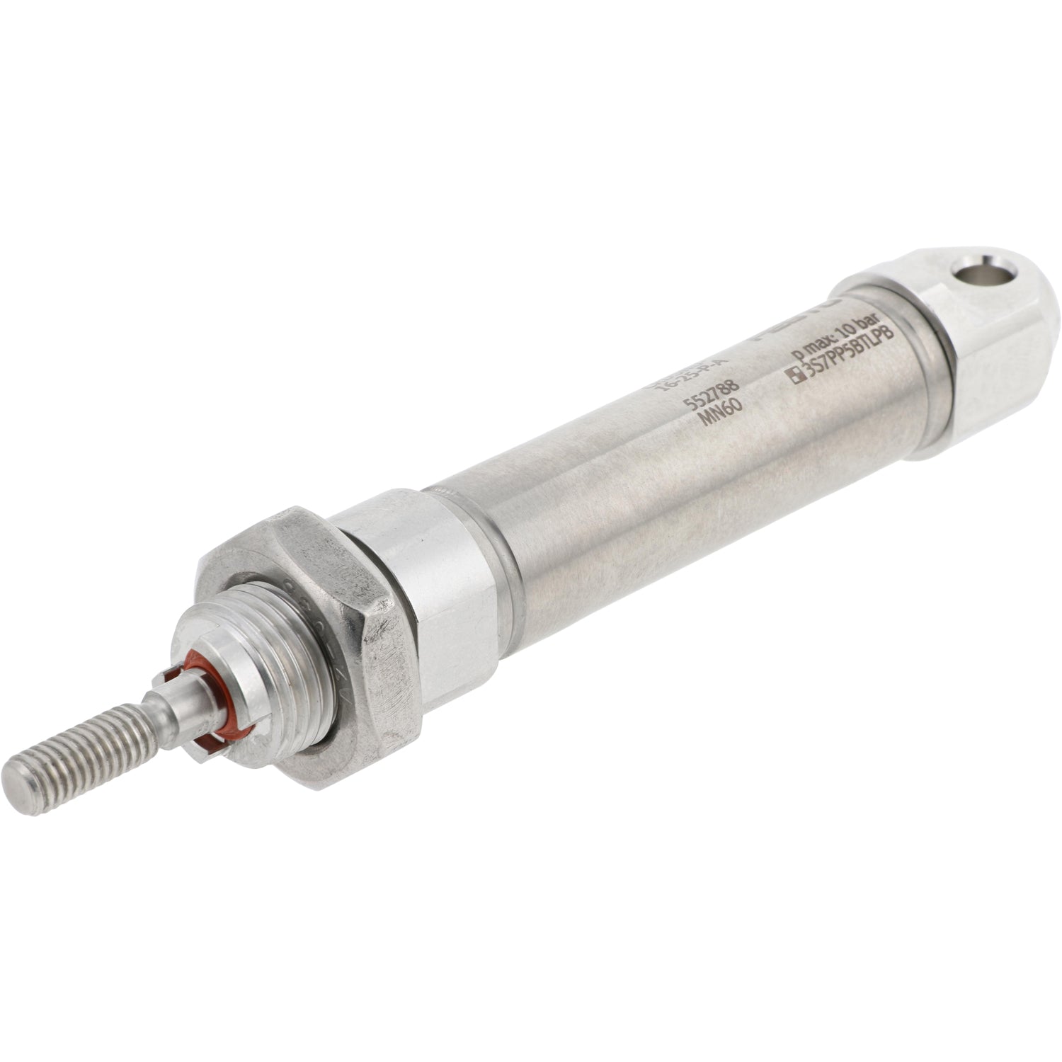 Stainless-steel , cylindrical pneumatic cylinder shown on white background. 552788