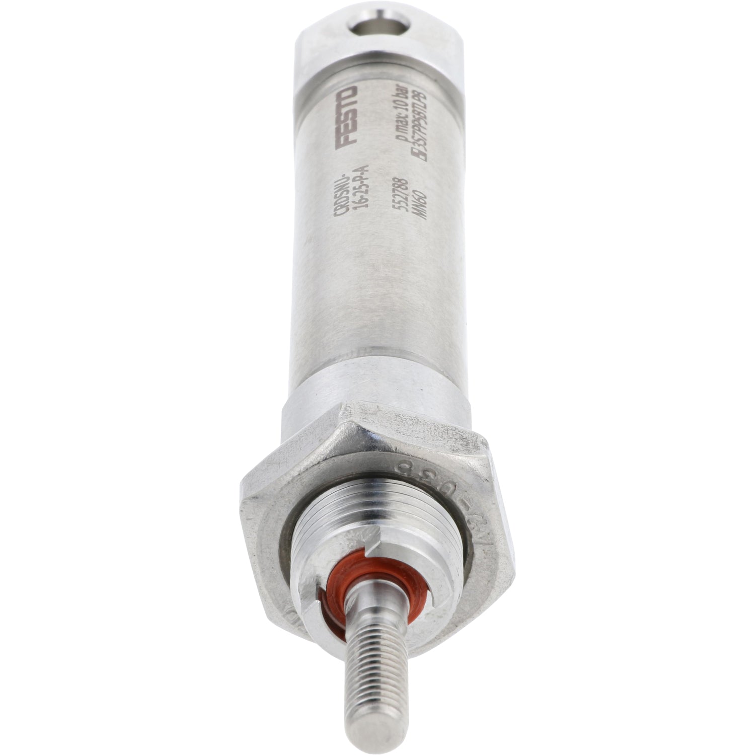 Stainless-steel , cylindrical pneumatic cylinder shown on white background. 552788