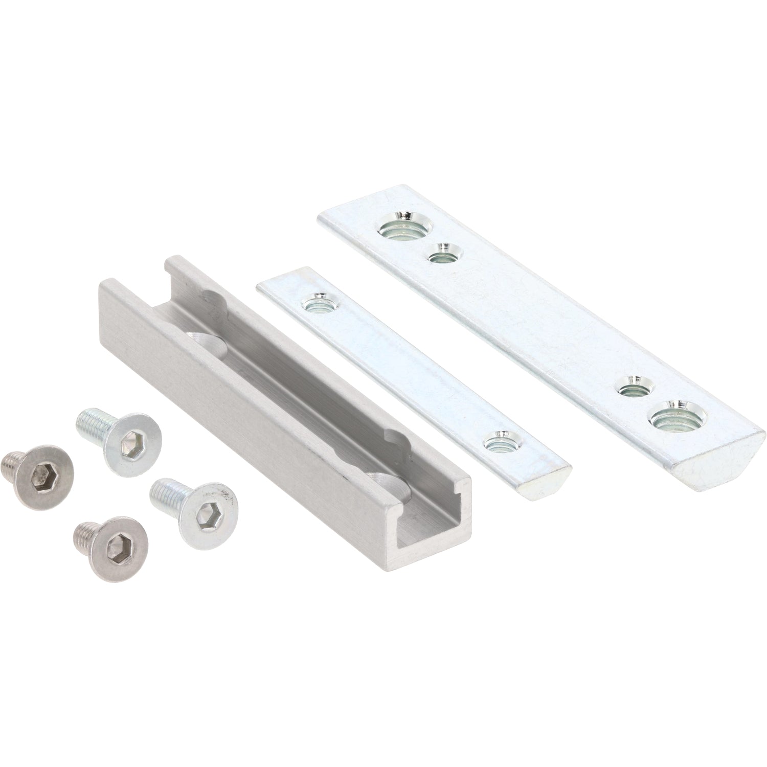 An aluminum slotted sensor bracket next to an assortment of fasteners. Parts shown on white background. 