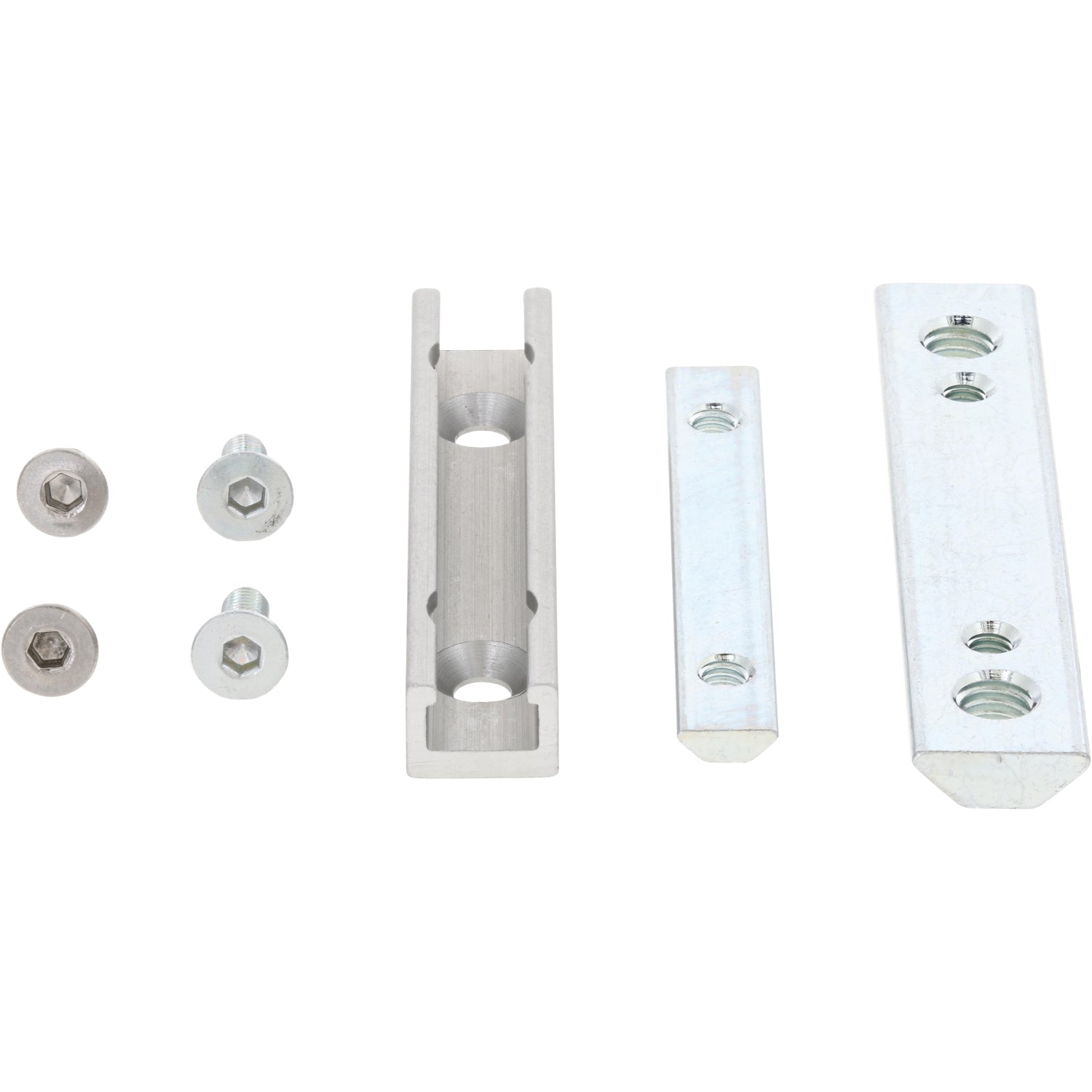 An aluminum slotted sensor bracket next to an assortment of fasteners. Parts shown on white background.