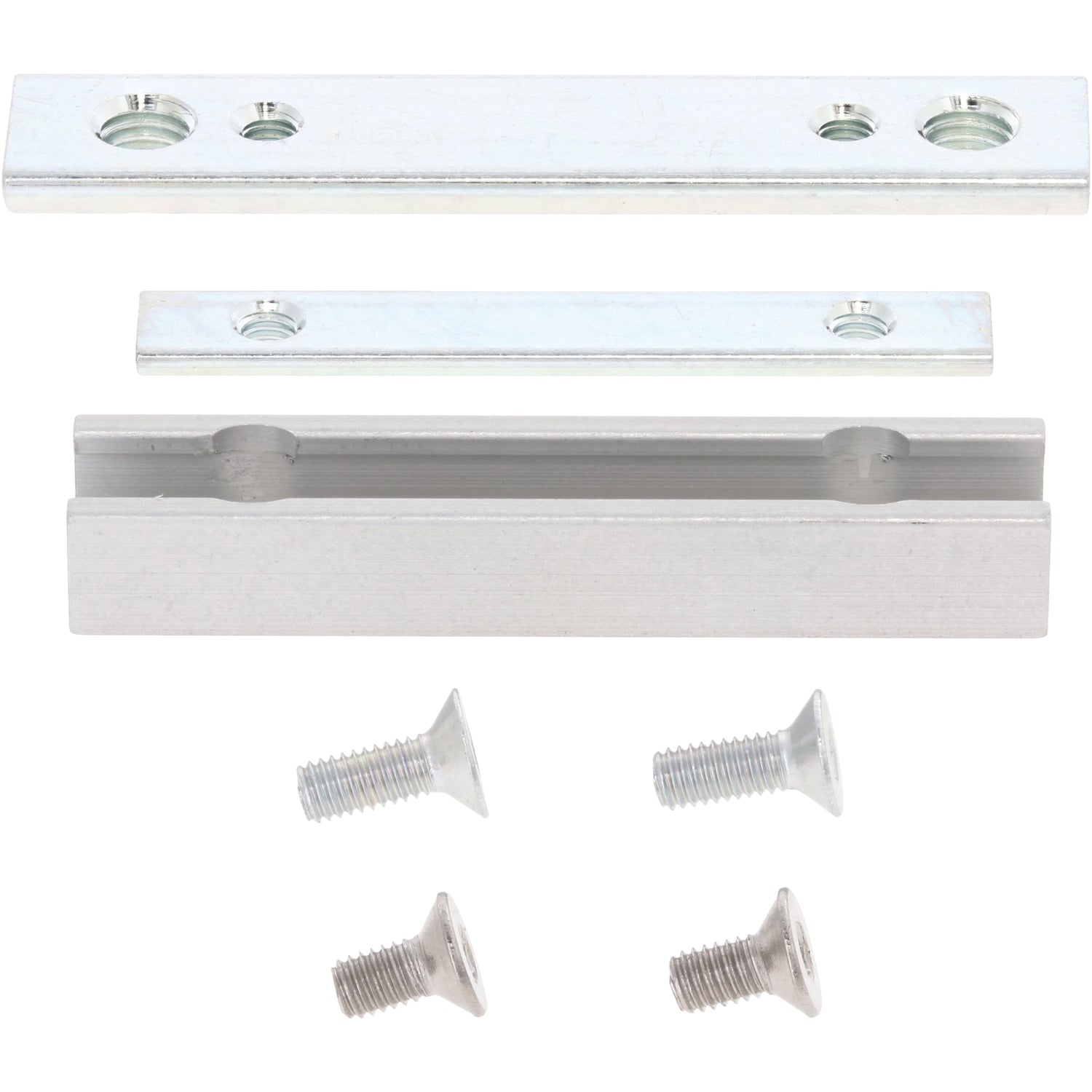 An aluminum slotted sensor bracket next to an assortment of fasteners. Parts shown on white background.