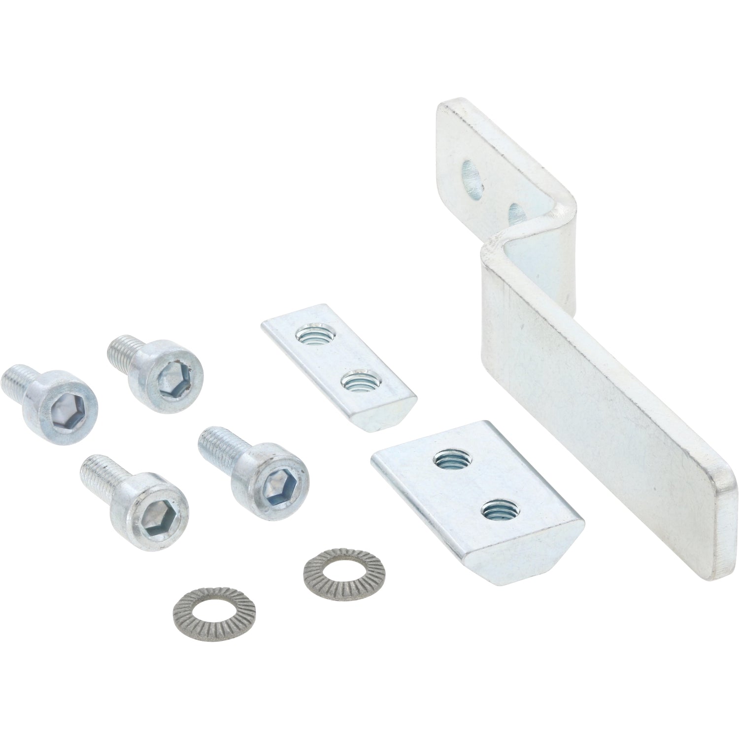An assortment of fasteners next to a bent switch lug. Parts shown on white background. 