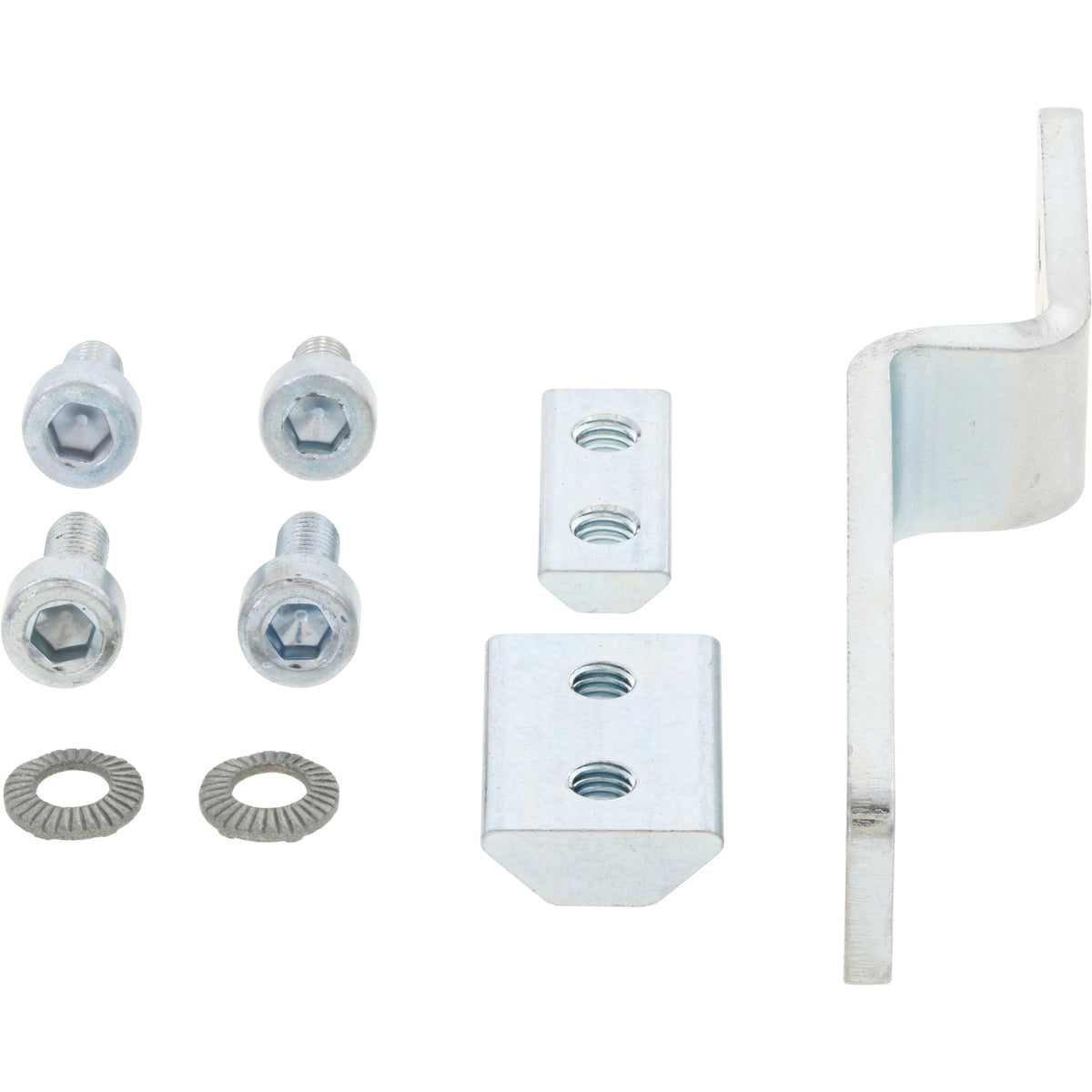 An assortment of fasteners next to a bent switch lug. Parts shown on white background. 