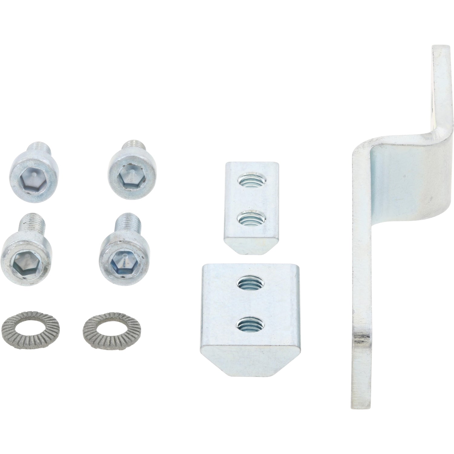 An assortment of fasteners next to a bent switch lug. Parts shown on white background. 