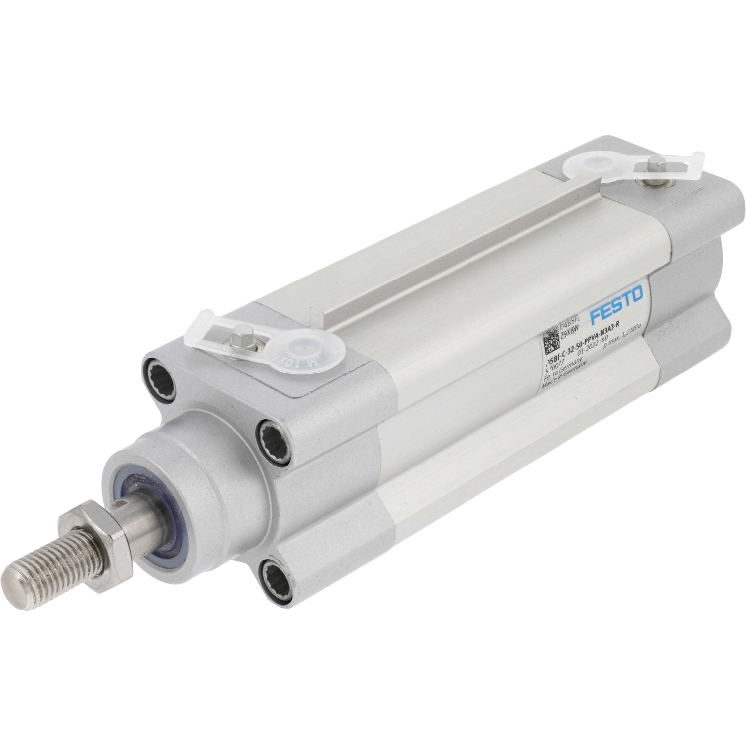 Pneumatic cylinder on white background. Cylinder's threaded rod and seal are shown.