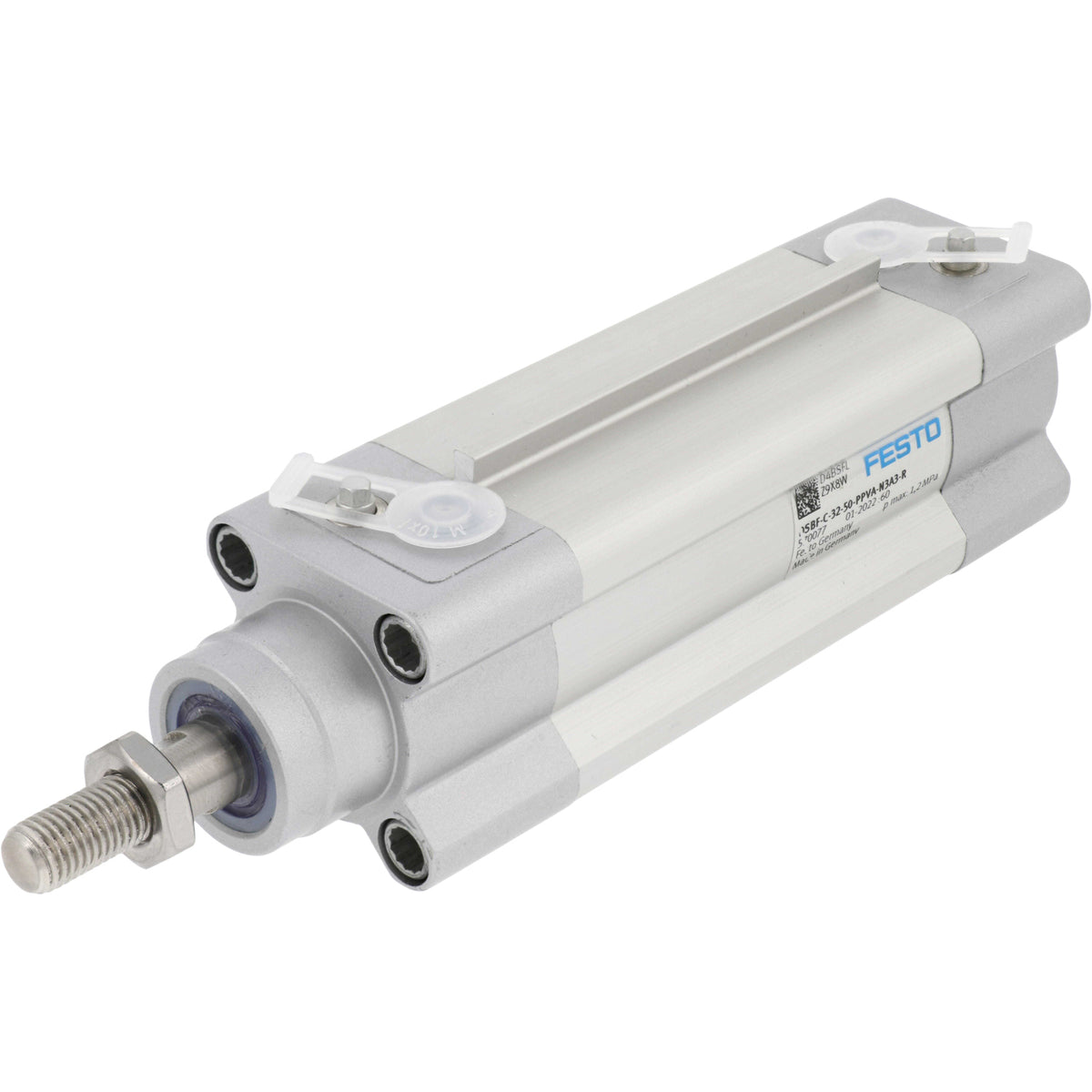 Pneumatic cylinder on white background. Cylinder&#39;s threaded rod and seal are shown.