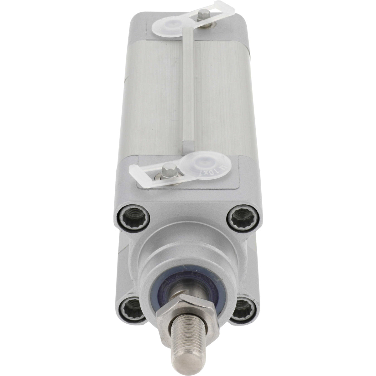 Pneumatic cylinder on white background. Cylinder's threaded rod and seal are shown.