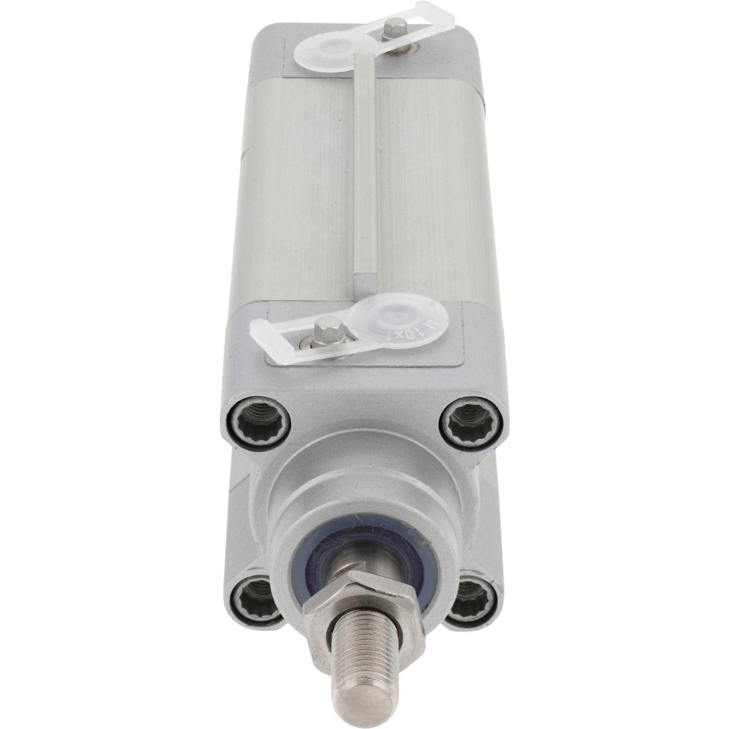 Pneumatic cylinder on white background. Cylinder's threaded rod and seal are shown.