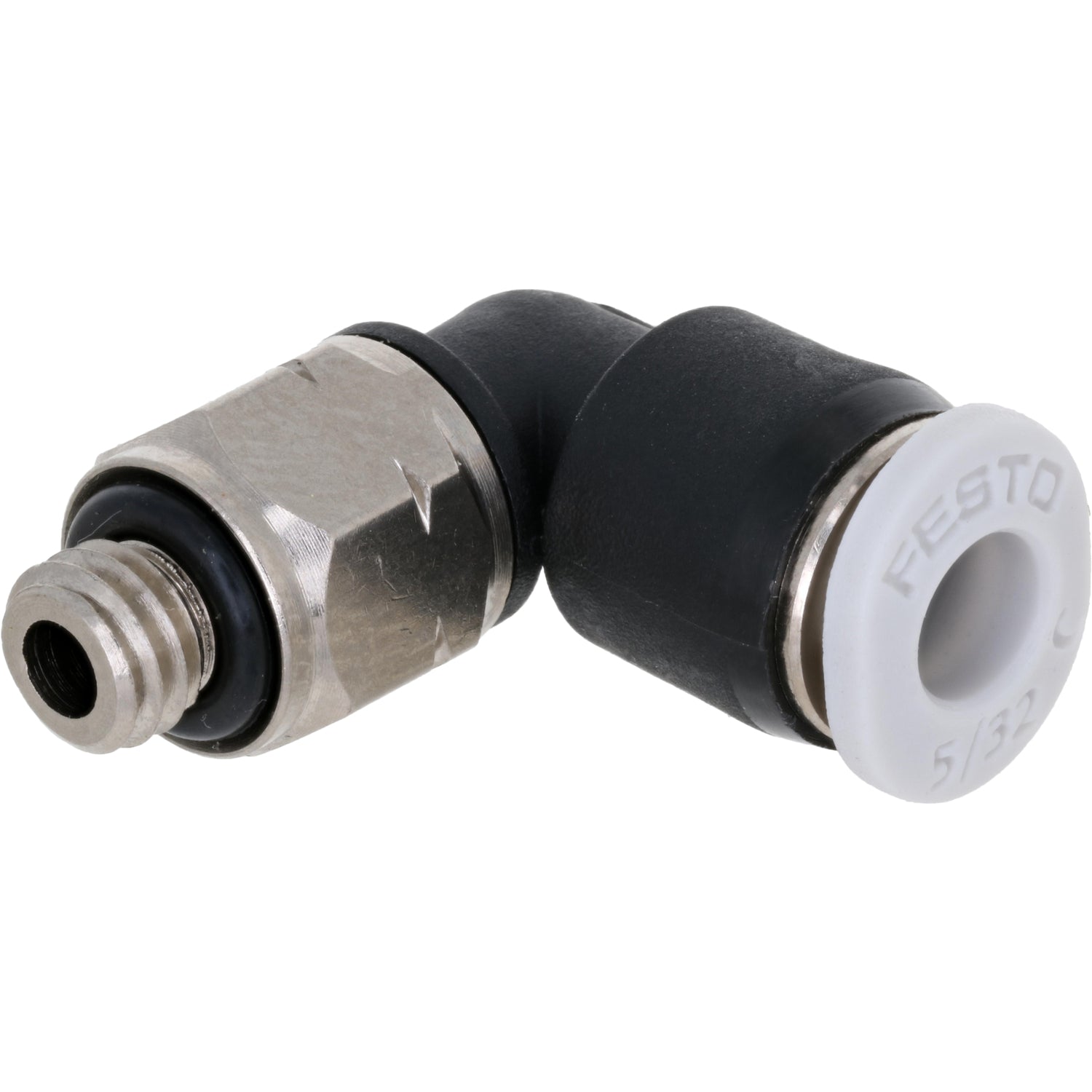 Black and grey L shaped push connect fitting with stainless steel mounting flats and 10-32 threads shown on white background. 