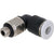 Black and grey L shaped push connect fitting with stainless steel mounting flats and 10-32 threads shown on white background. 