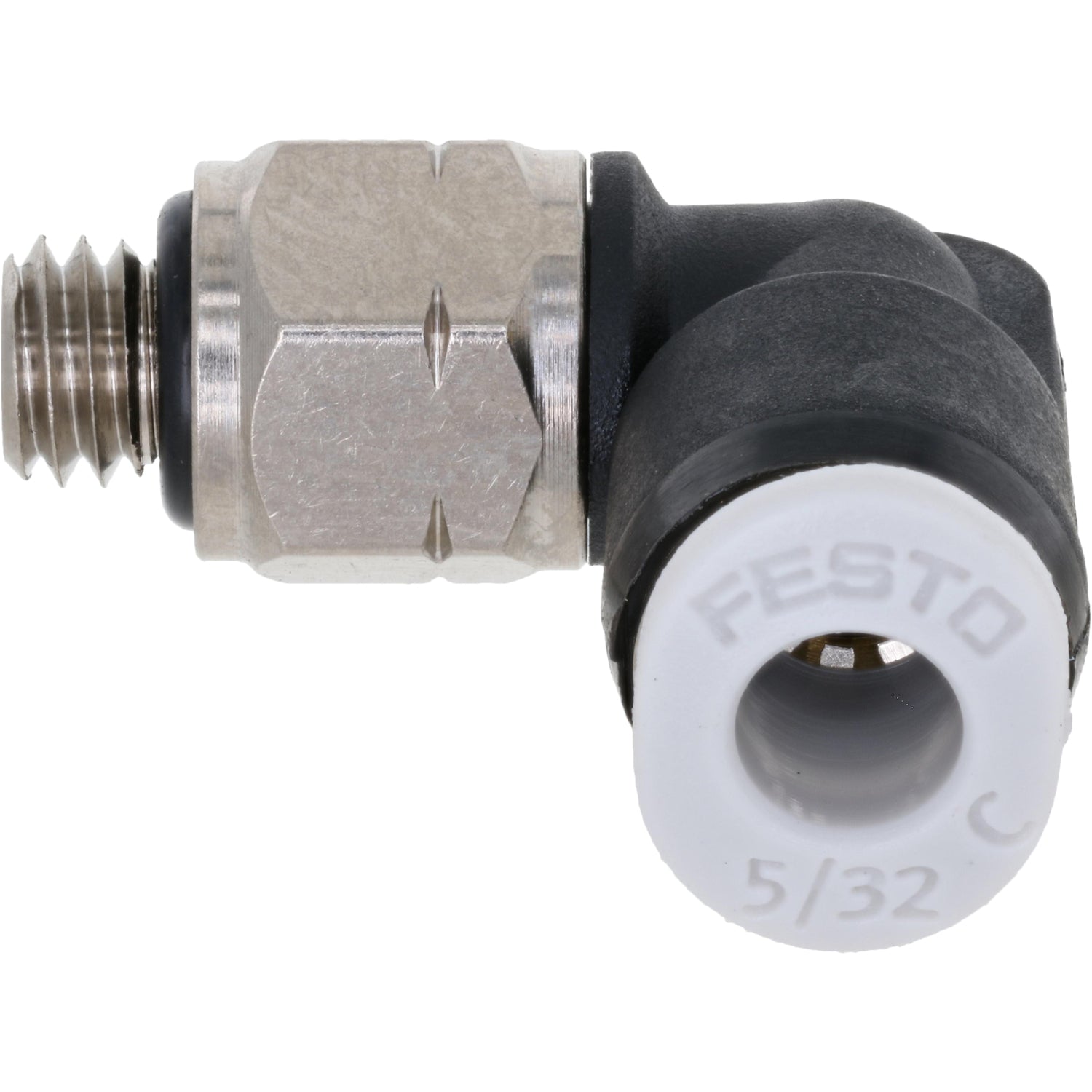 Black and grey L shaped push connect fitting with stainless steel mounting flats and 10-32 threads shown on white background. 