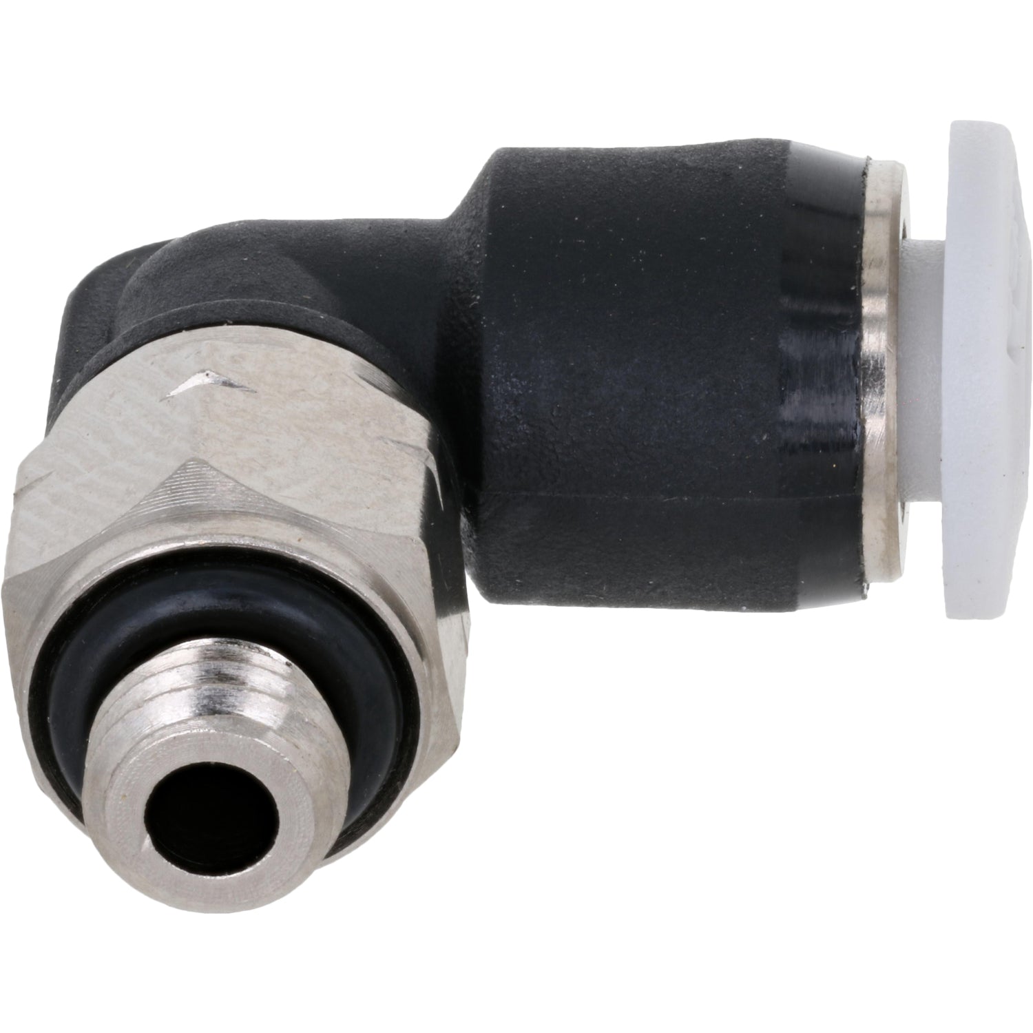 Black and grey L shaped push connect fitting with stainless steel mounting flats and 10-32 threads shown on white background. 