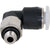 Black and grey L shaped push connect fitting with stainless steel mounting flats and 10-32 threads shown on white background. 