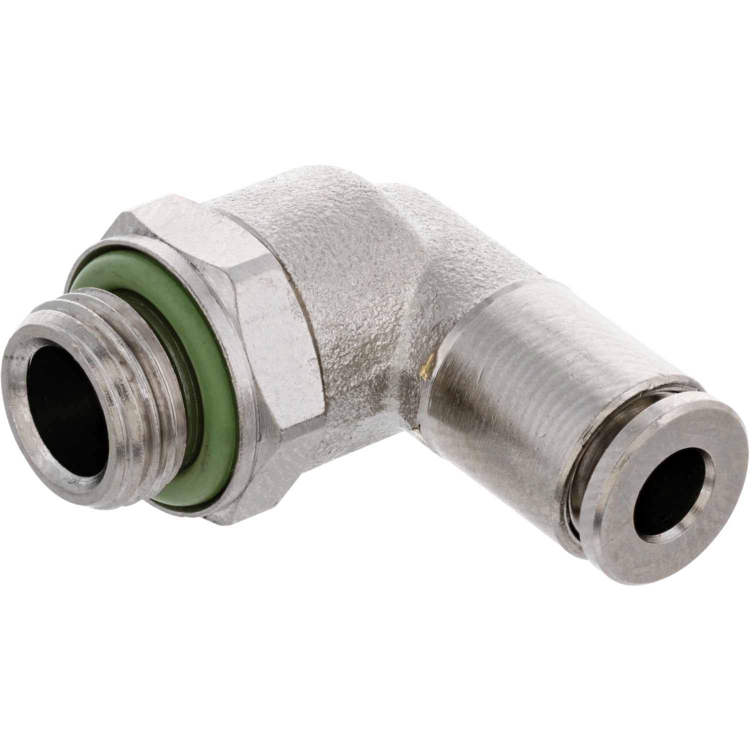 Nickel-plated push-in L-fitting with threaded and collared ends and green rubber o-ring showing on white background. 