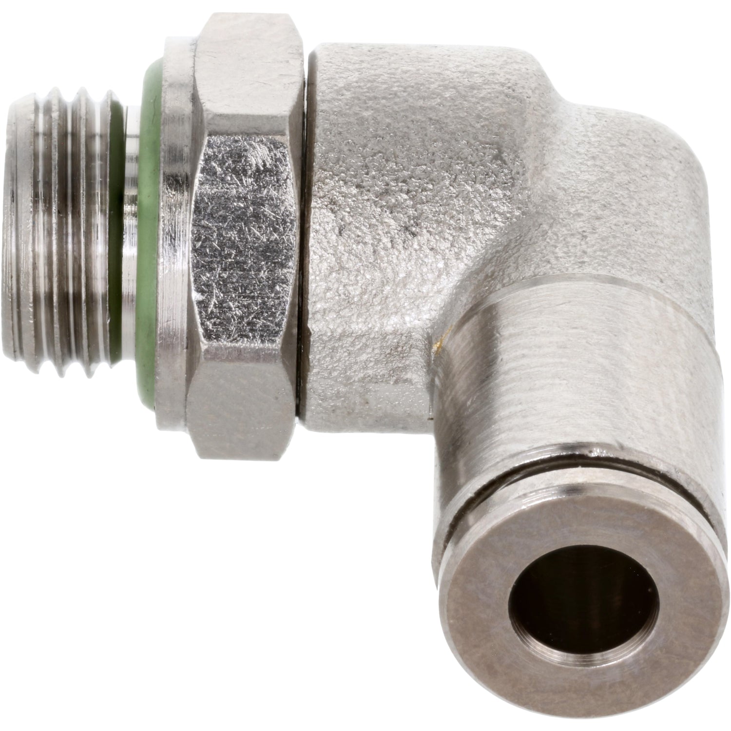 Nickel-plated push-in L-fitting with threaded and collared ends and green rubber o-ring showing on white background. 