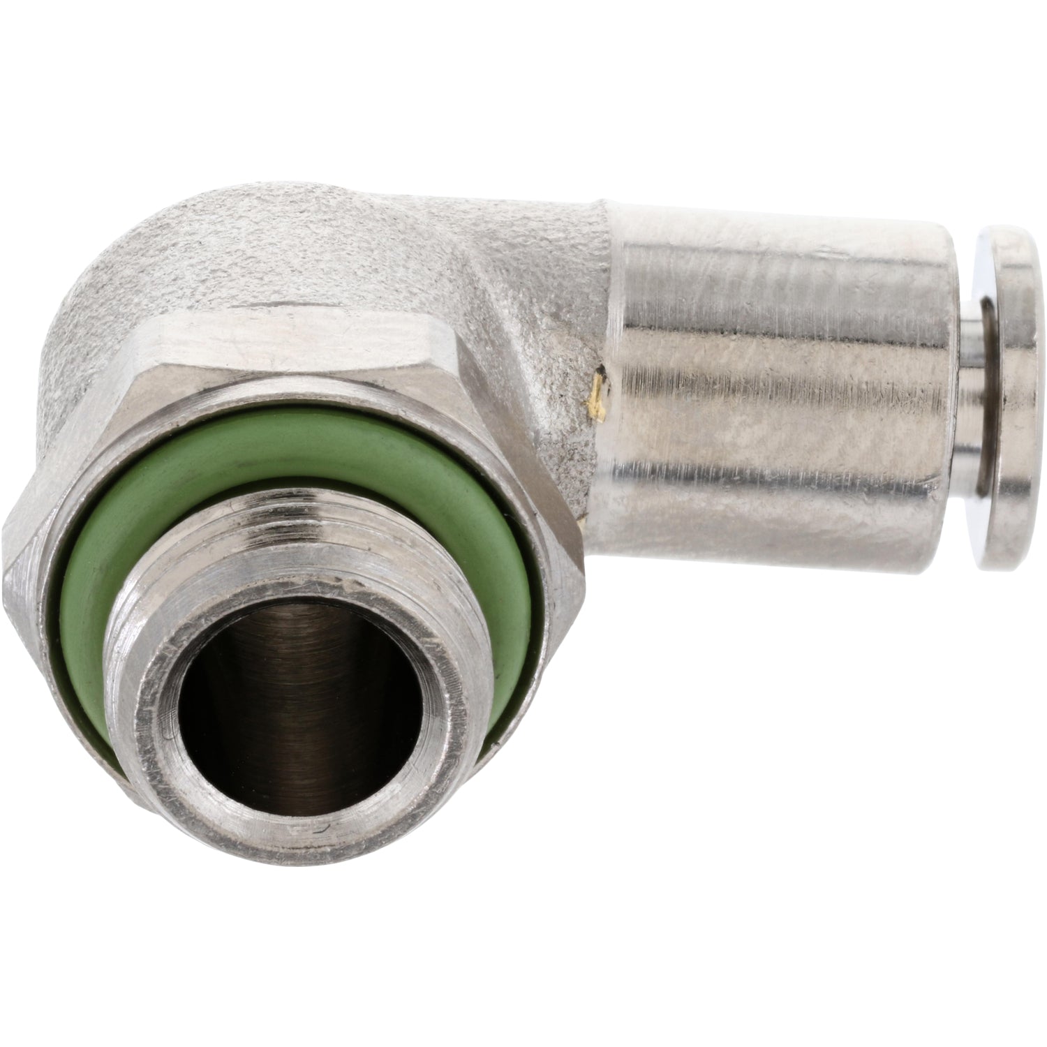 Nickel-plated push-in L-fitting with threaded and collared ends and green rubber o-ring showing on white background. 