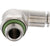 Nickel-plated push-in L-fitting with threaded and collared ends and green rubber o-ring showing on white background. 