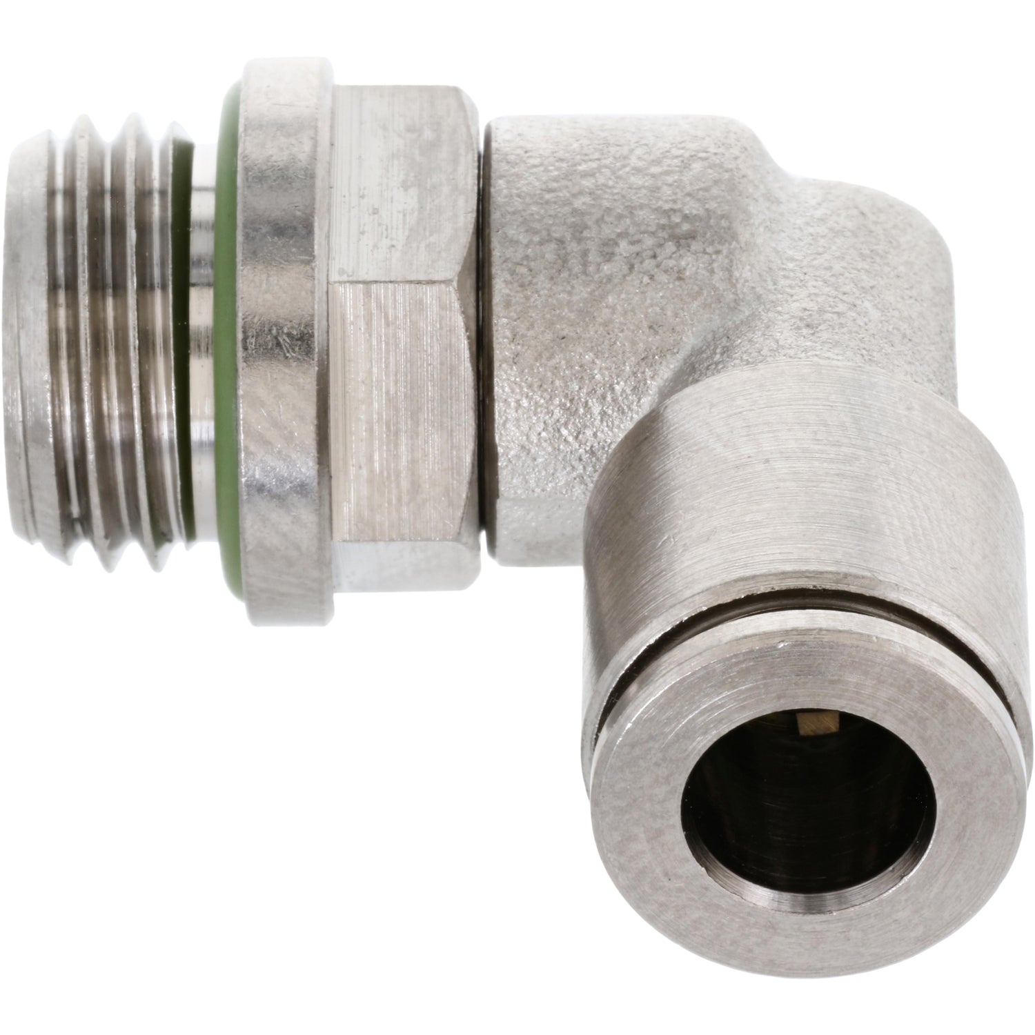 Nickel-platted push-in L-fitting with threaded and push connect ends and green rubber gasket. Part shown on white background. 