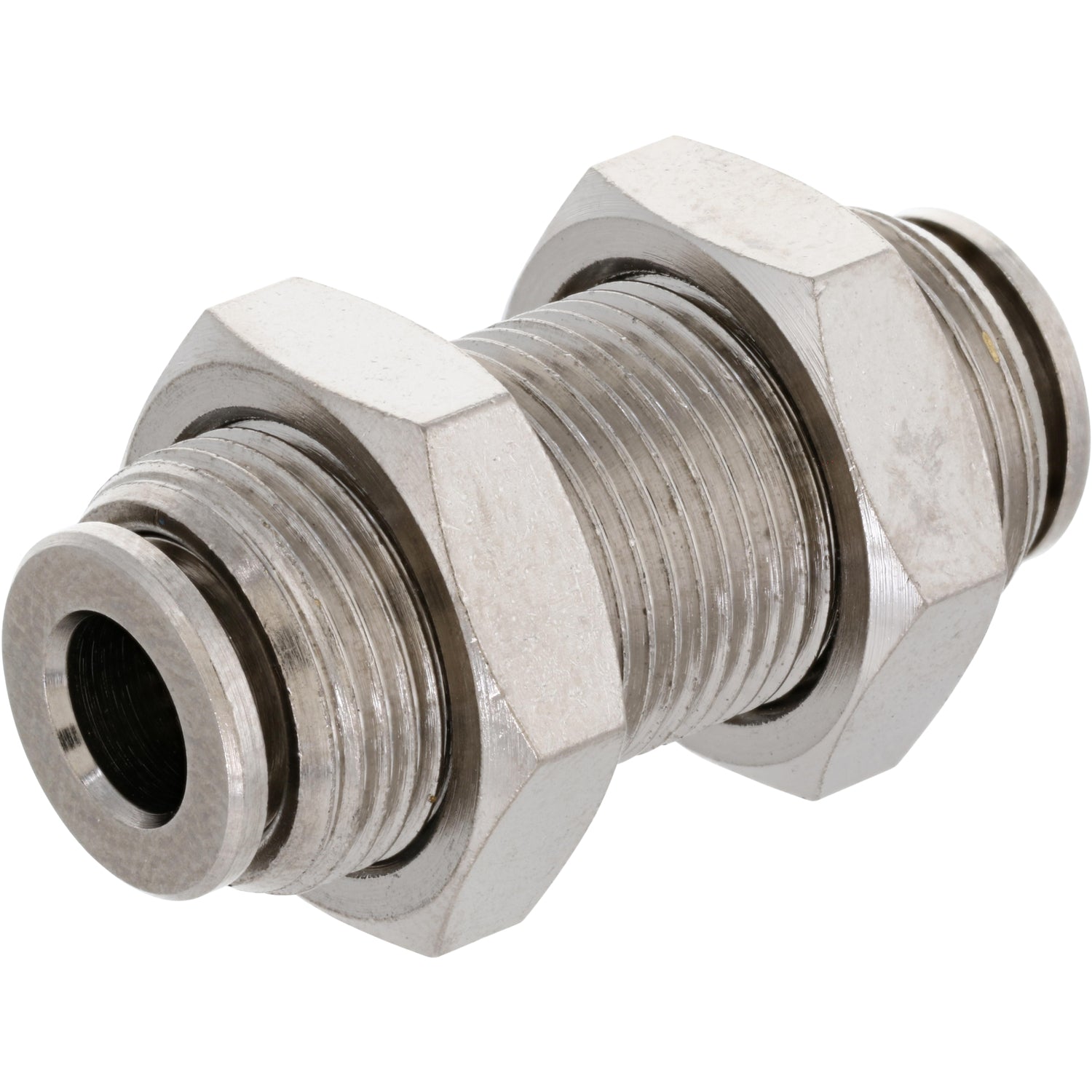 Threaded nickel-plated brass push-in bulkhead connector on white background. 