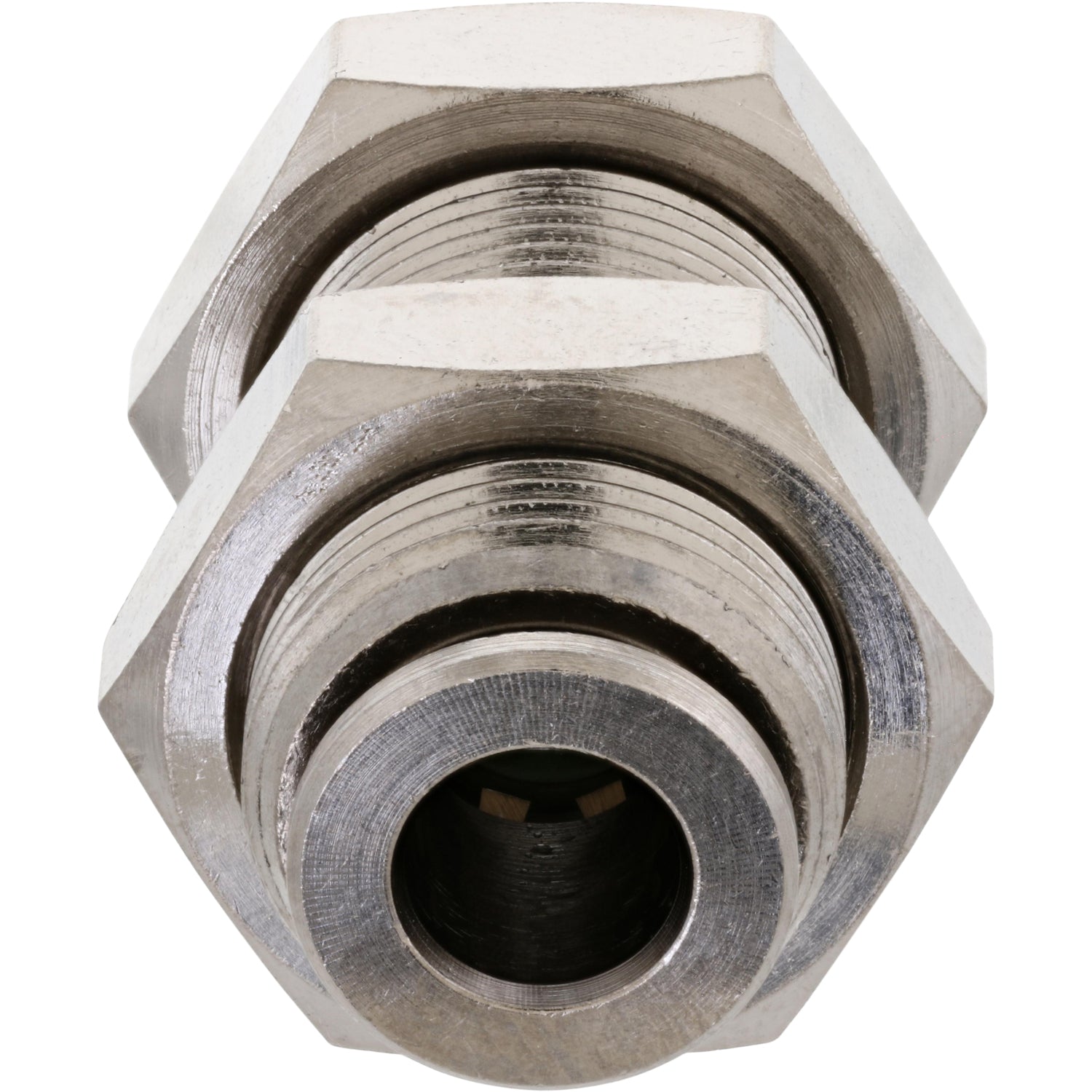 Threaded nickel-plated brass push-in bulkhead connector on white background. 