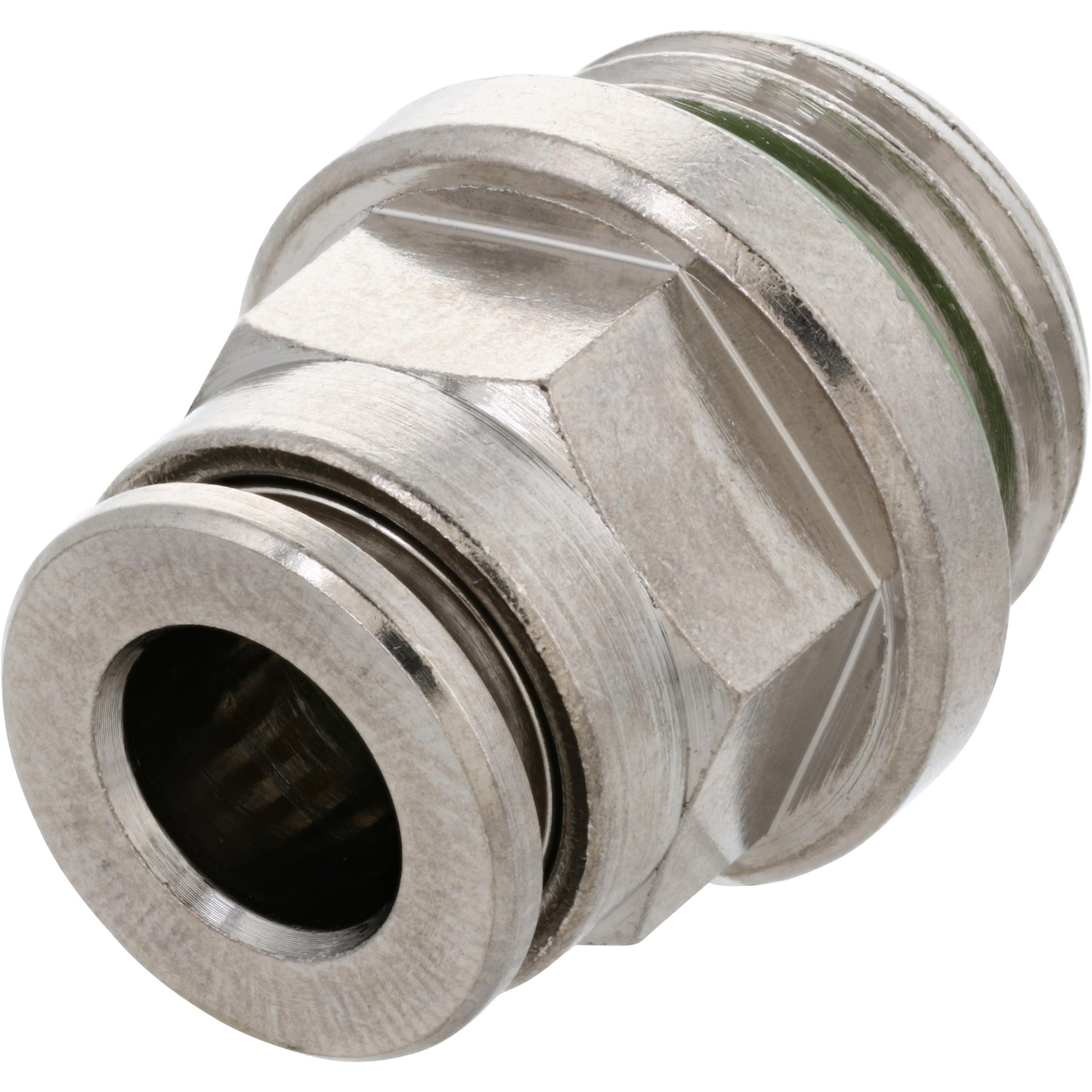 Nickel-Plated push-in fitting with push collar and threads. Part shown on white background. 