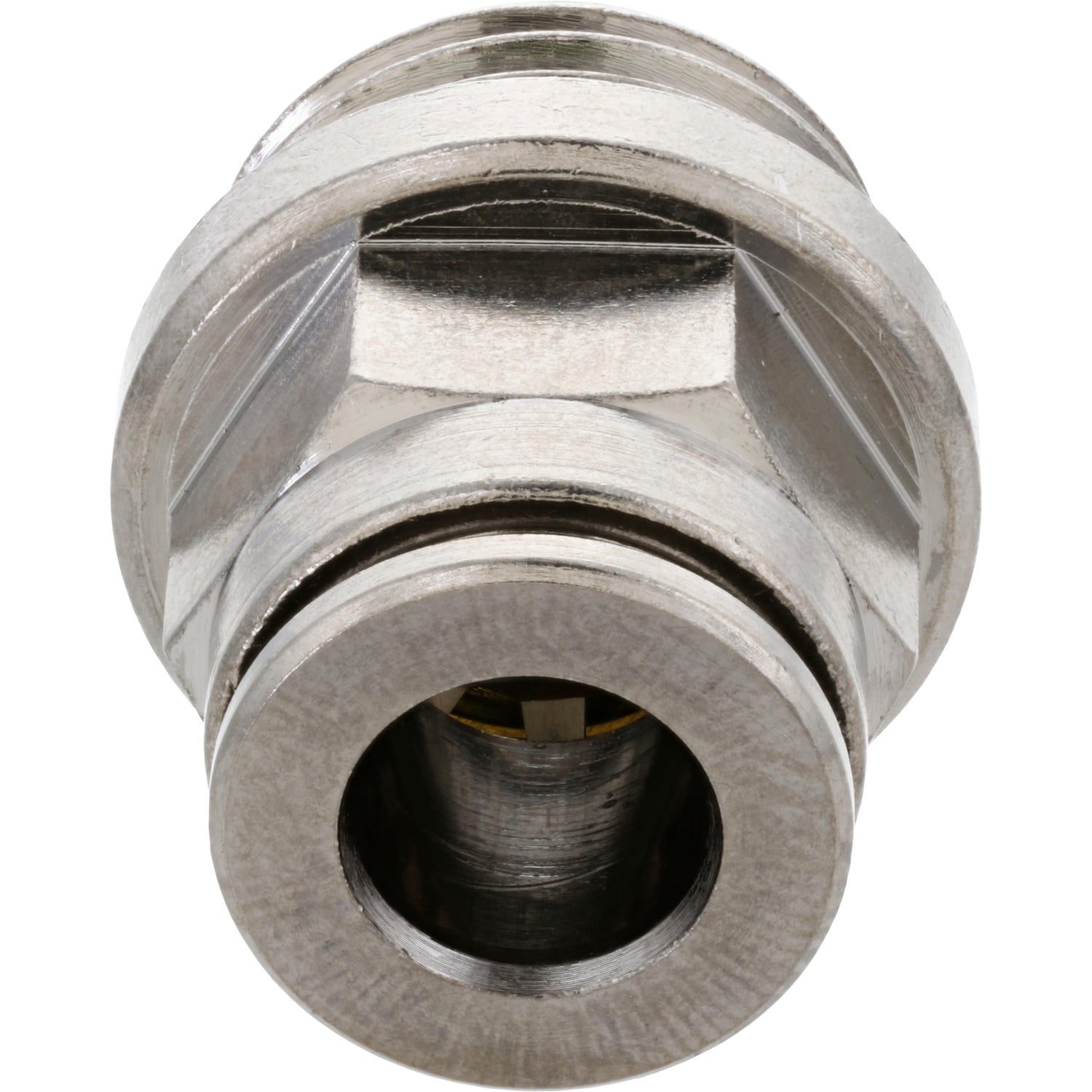 Nickel-Plated push-in fitting with push collar and threads. Part shown on white background.