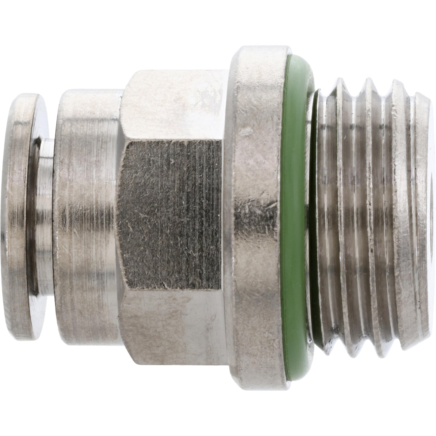 Nickel-Plated push-in fitting with push collar, green rubber o-ring and threads. Part shown on white background.