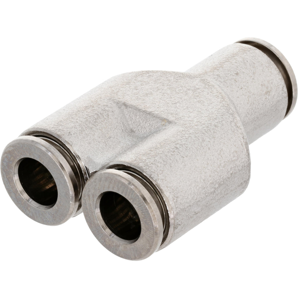 Nickel-plated brass push-in Y-connector on white background. 