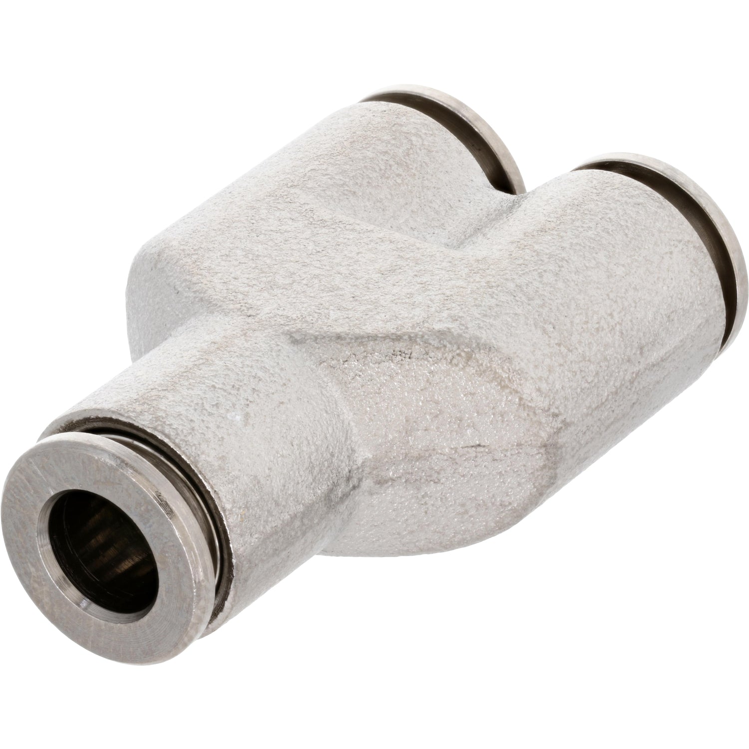 Nickel-plated brass push-in Y-connector on white background. 