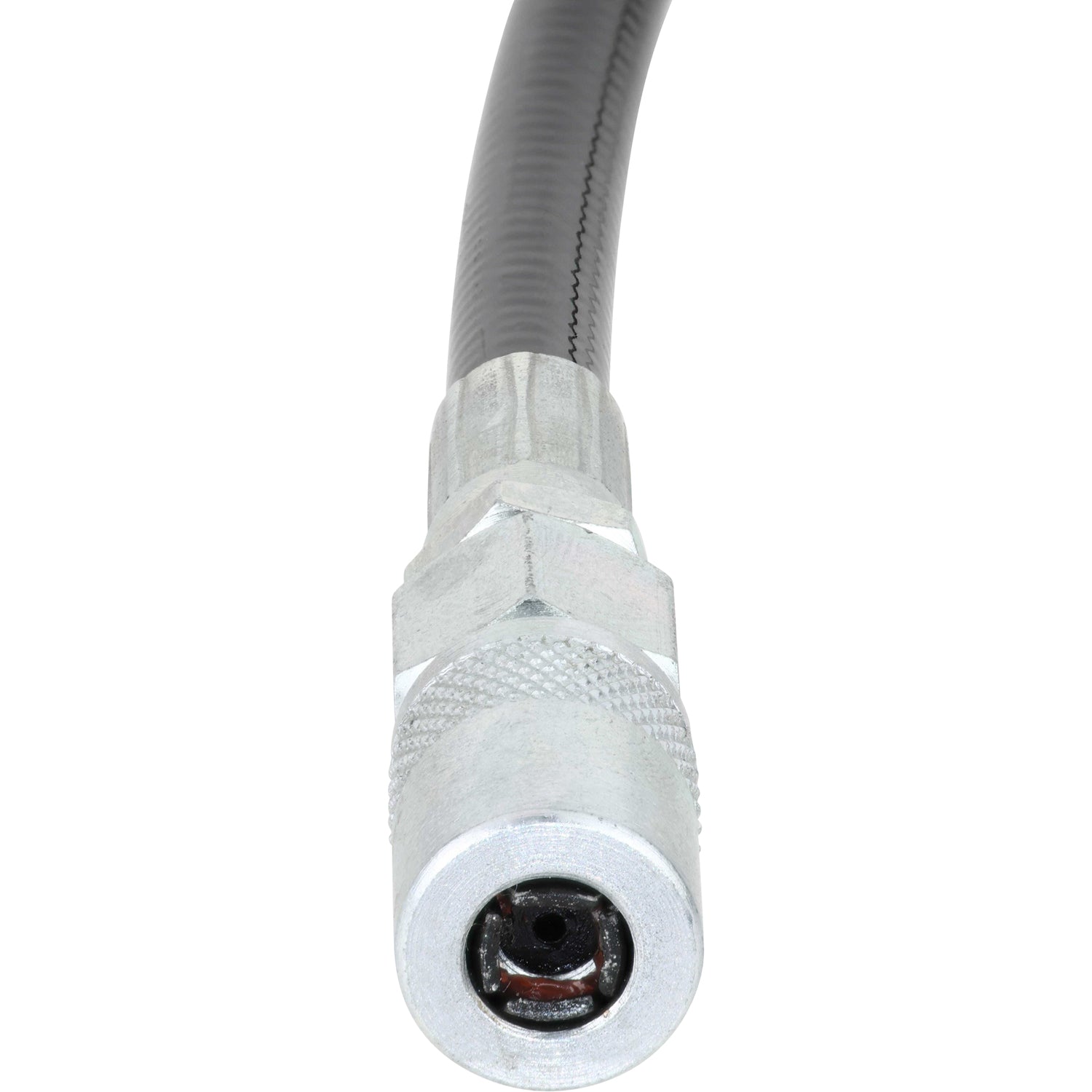  8 inch black flexible hose and connector white background