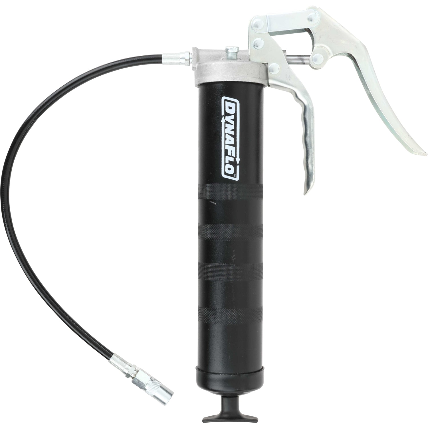 Black grease gun with 18 inch flexible hose and silver pump handle on white background. 