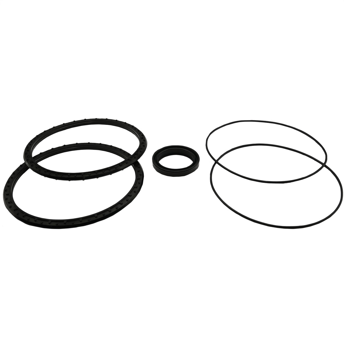 Four black rubber oring/gaskets on white background.