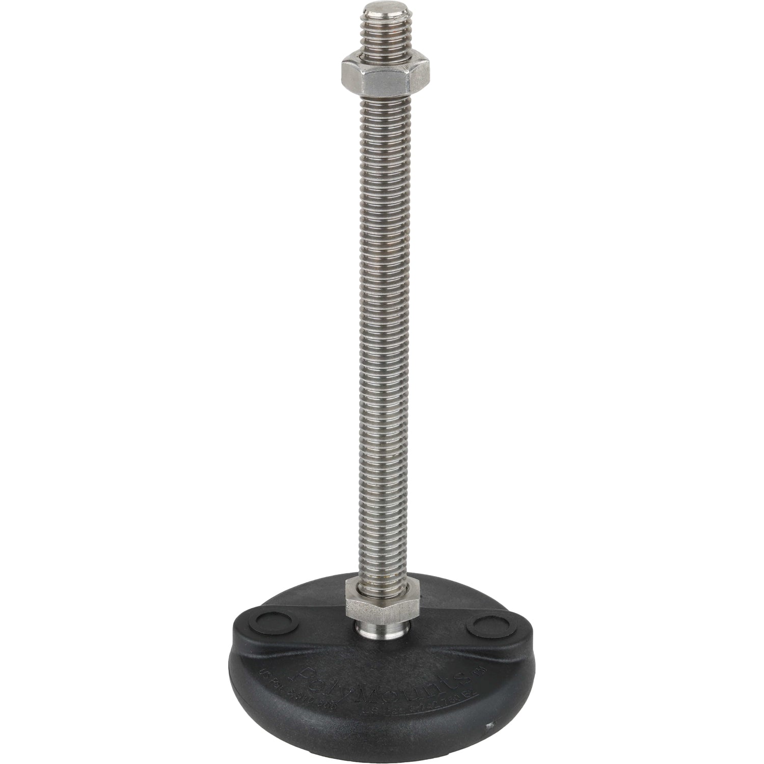 Threaded stainless steel post with stainless steel hex nut threaded on top, pressed into a circular black plastic base. Shown on a white background. 