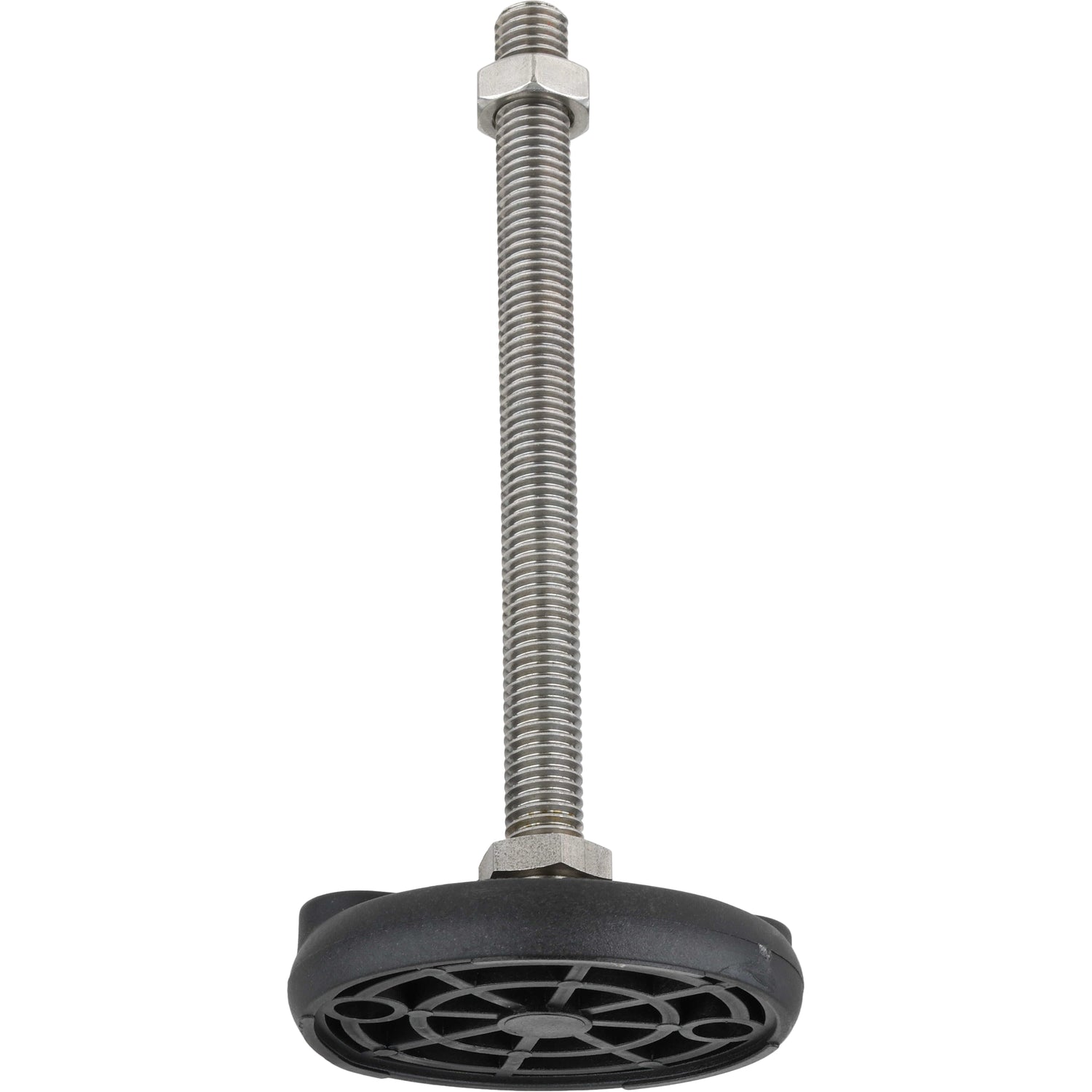 Threaded stainless steel post with stainless steel hex nut threaded on top, pressed into a circular black plastic base. Underside of plastic base is shown.  Shown on a white background. 