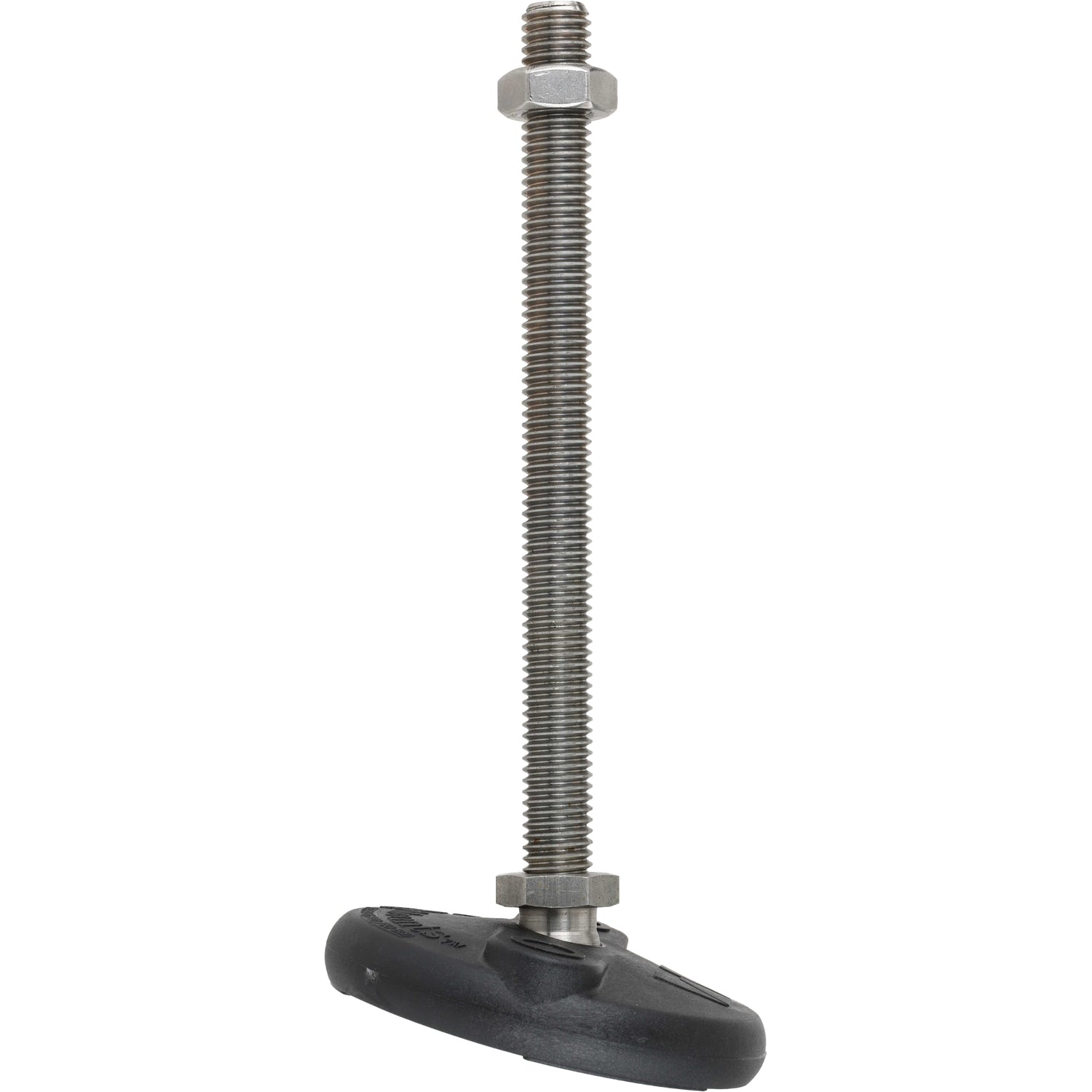 Threaded stainless steel post with stainless steel hex nut threaded on top, pressed into a tilted, circular black plastic base.  Shown on a white background. 