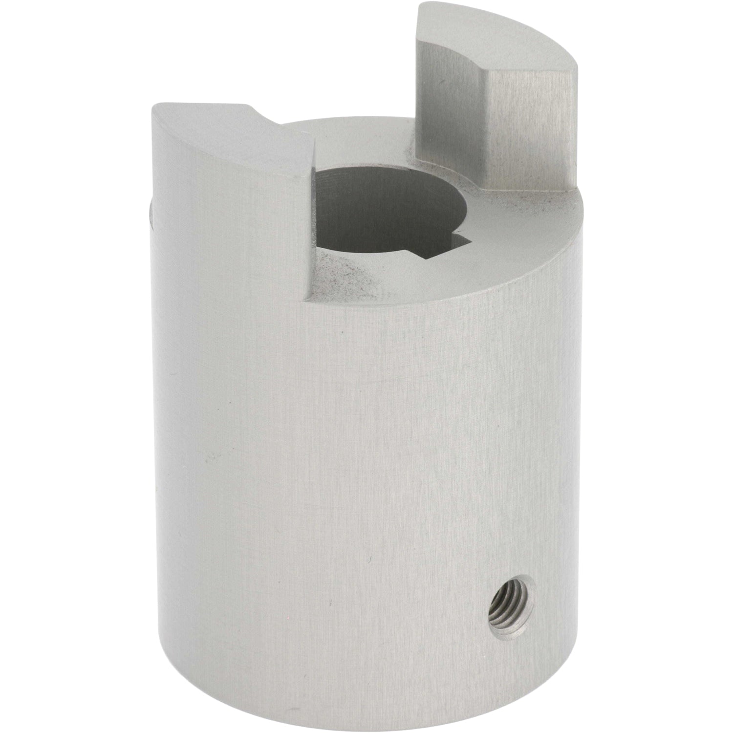 Hard anodized aluminum motor coupler with threaded hole on side. Part shown on white background. 