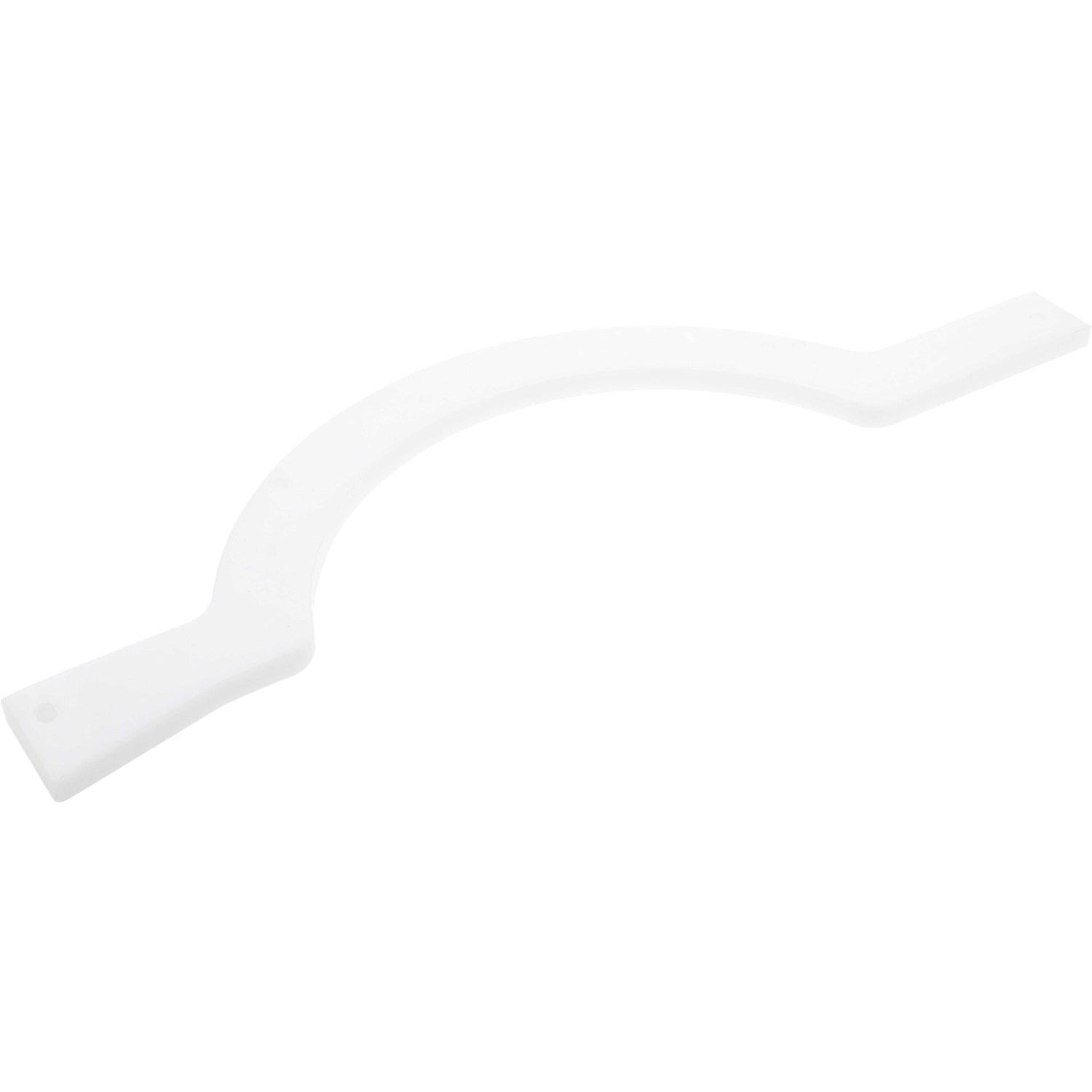 White, flat, curved rail made of HDPE with through holes on white background. 