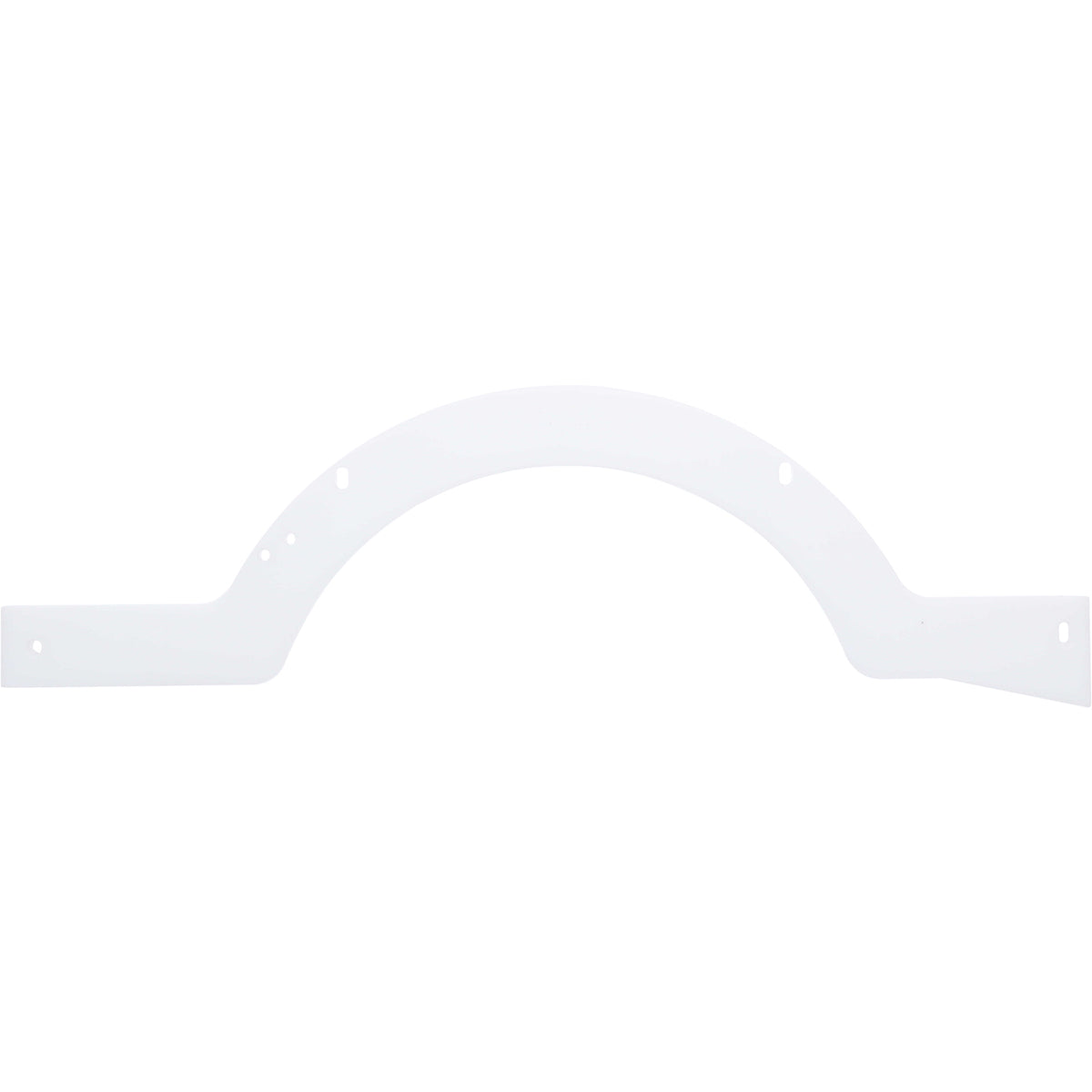White, flat, curved rail made of HDPE with through holes on white background.