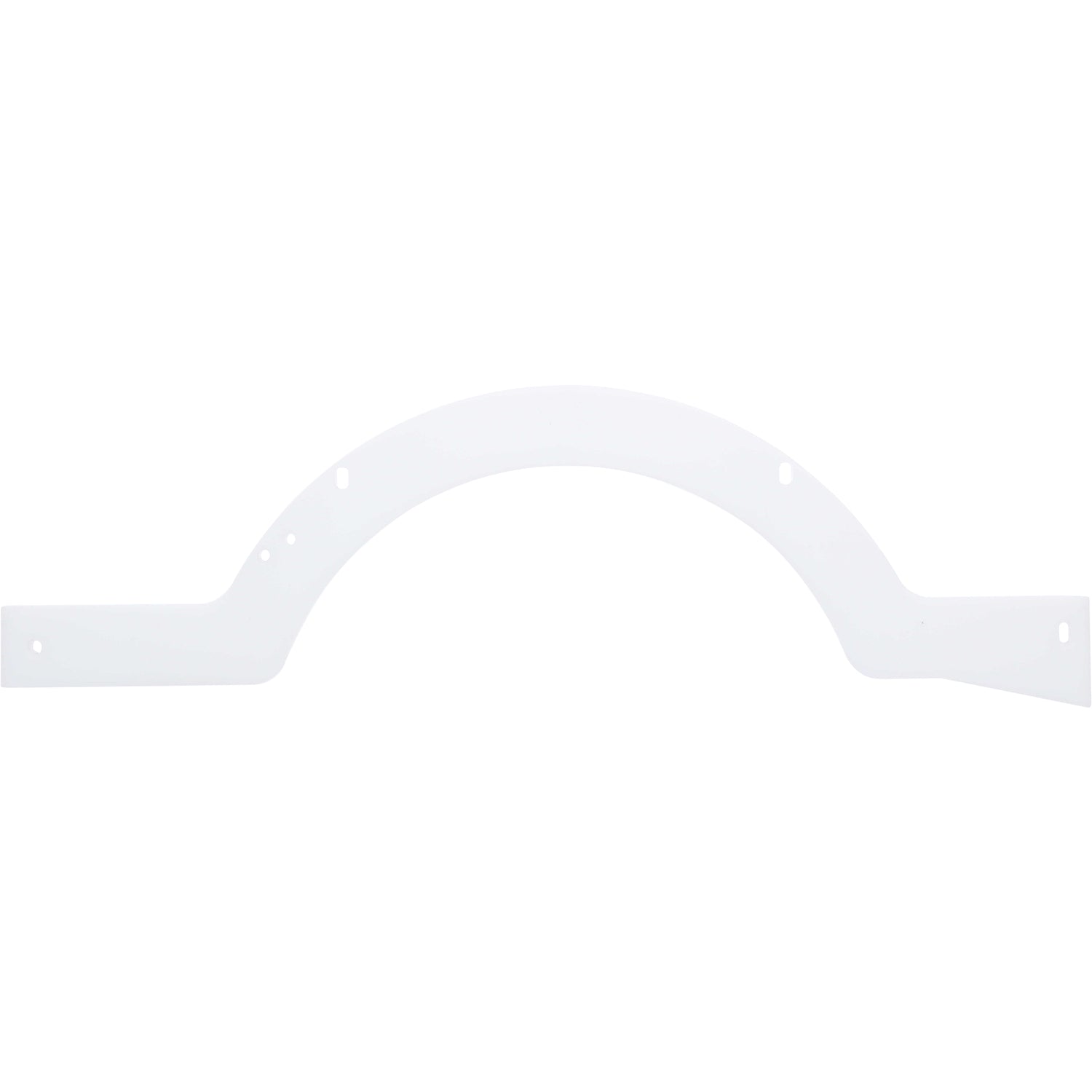 White, flat, curved rail made of HDPE with through holes on white background.